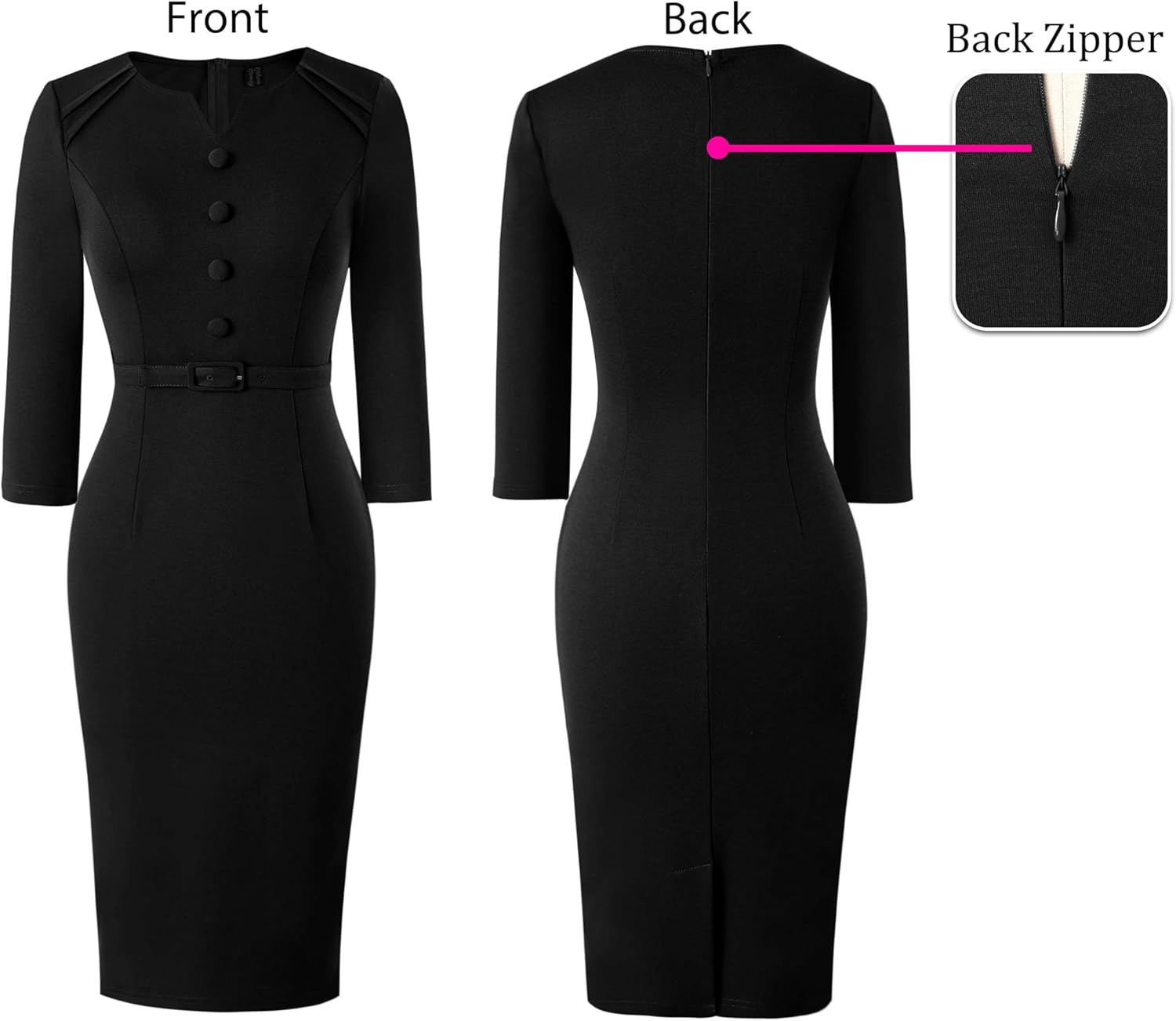VFSHOW Womens Work Office Business Pleated Notch V Neck Buttons Fitted Belted Pencil Sheath Dress - Image 4