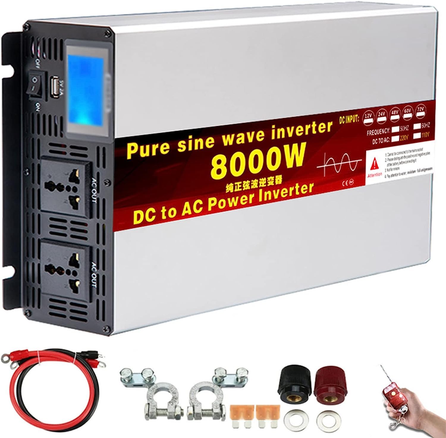 4000W 5000W 6000W 8000W Reiner Sinus Wechselrichter 12V 24V 48V 60V 72V auf 220V 230V Spannungswandler Pure Sine Wave Power Inverter mit Steckdose,Digital Anzeige Konverter (12V,8000W)