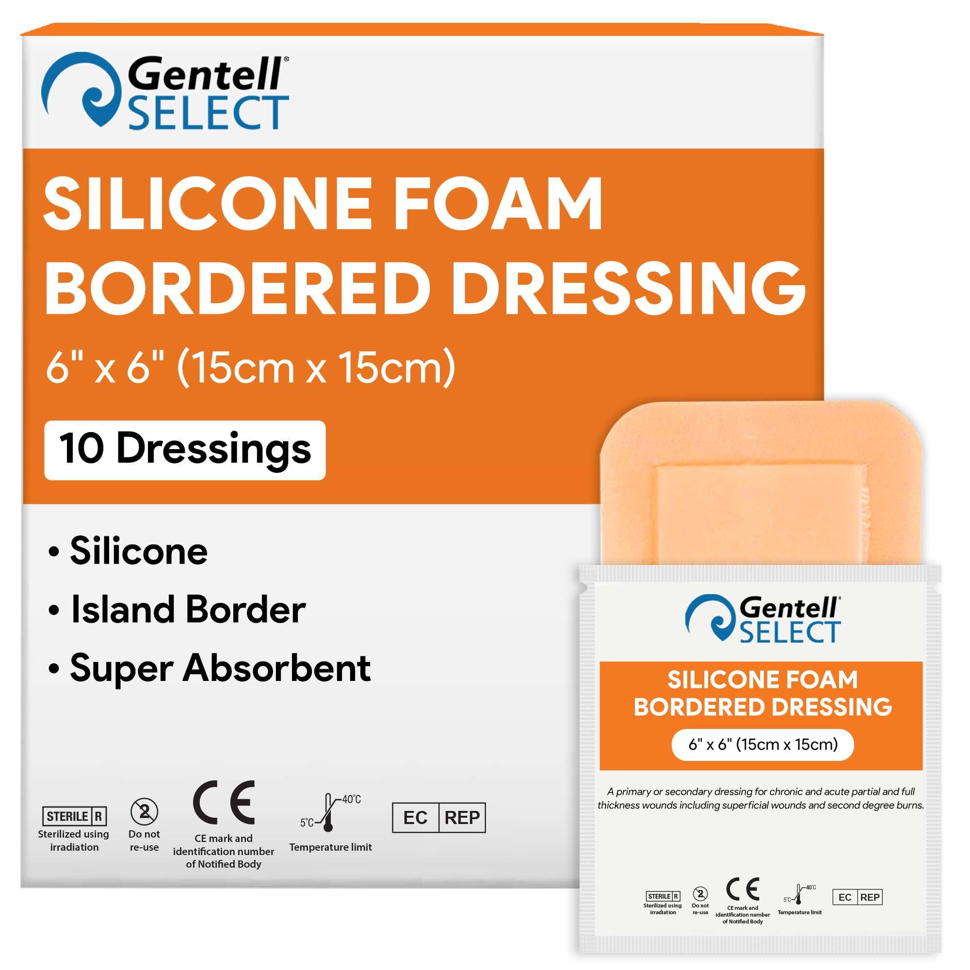 Apósitos de espuma de silicona de 6 x 6 pulgadas, 10 vendajes de silicona con bordes para heridas, almohadillas muy absorbentes para heridas de exudado moderadas y pesadas, buenos para pieles