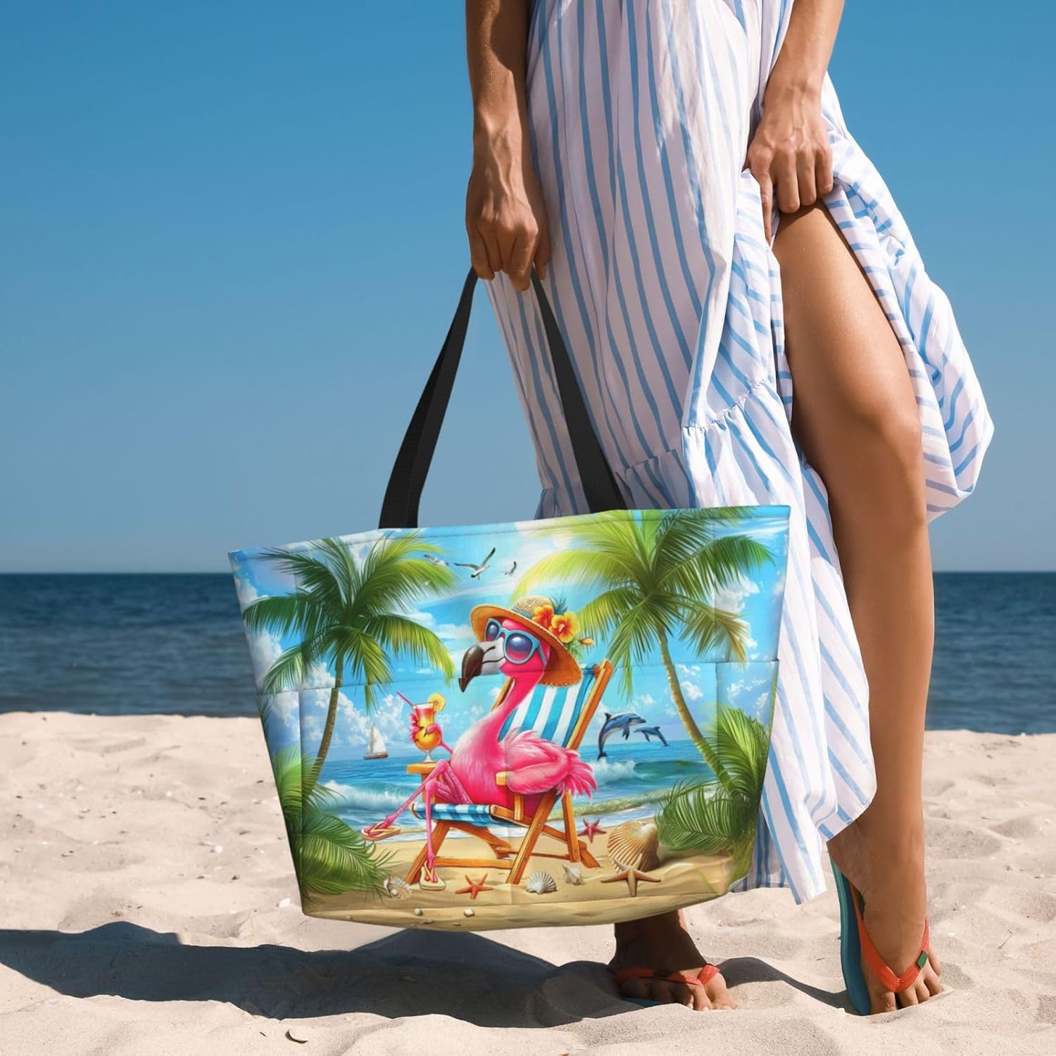 Funny Large Beach Bag For Women Waterproof Sandproof Zipper Beach Tote Bag For Pool Gym Travel with Wet Pocket