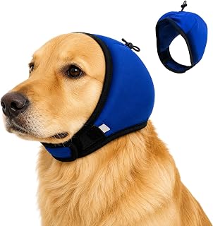 Adjustable Dog Quiet Ear Muffs Calming Ear Hoodie, Noise Canceling Breathable Ear Wraps for Dog Anxiety Relief, Ear Covers for Fireworks Thunderstorm Grooming Force Drying Noise Protection (Blue, L)
