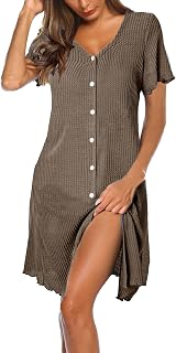 Ekouaer Button Down Nightgowns for Women Short Sleeve Waffle Knit Sleepwear V Neck Womens Nightgown S-XXL
