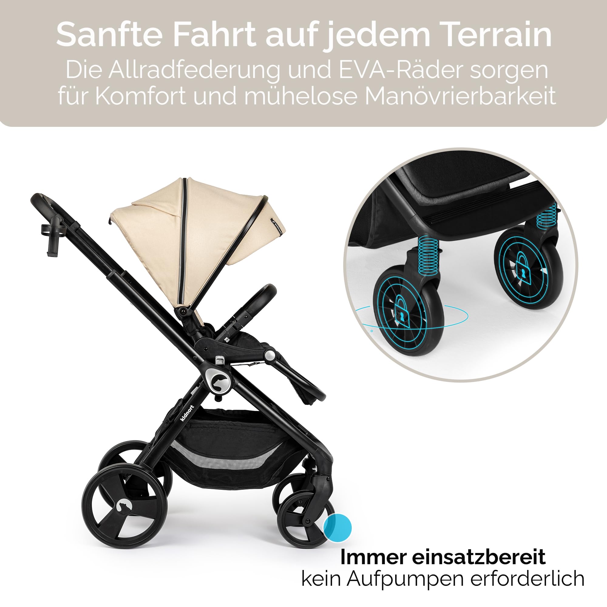 Isbjörn - Cochecito de bebé para niños de 0 a 22 kg, plegable con función reclinable, asiento convertible, ruedas grandes de EVA con suspensión en las 4 ruedas, respaldo ajustable beige