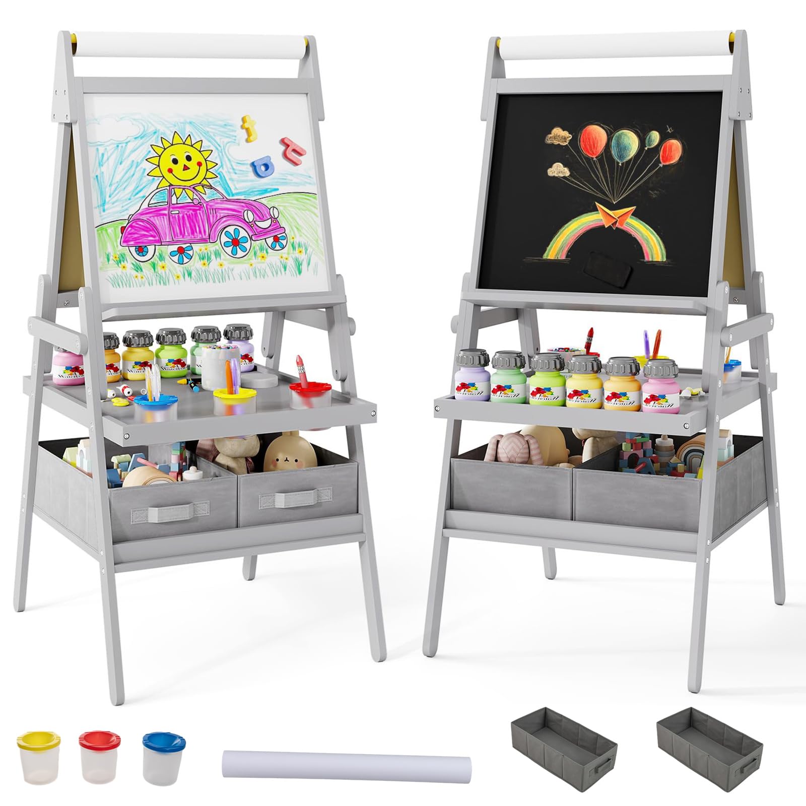 RELAX4LIFE 3 in 1 Lavagna per Bambini, Cavalletto con Doppia Faccia Magnetica e Lavagna Bianca, Rotolo di Carta, Scaffale Doppio e 2 Cesto in Tessuto Pieghevole, 3 Tazze, per 3+ Anni