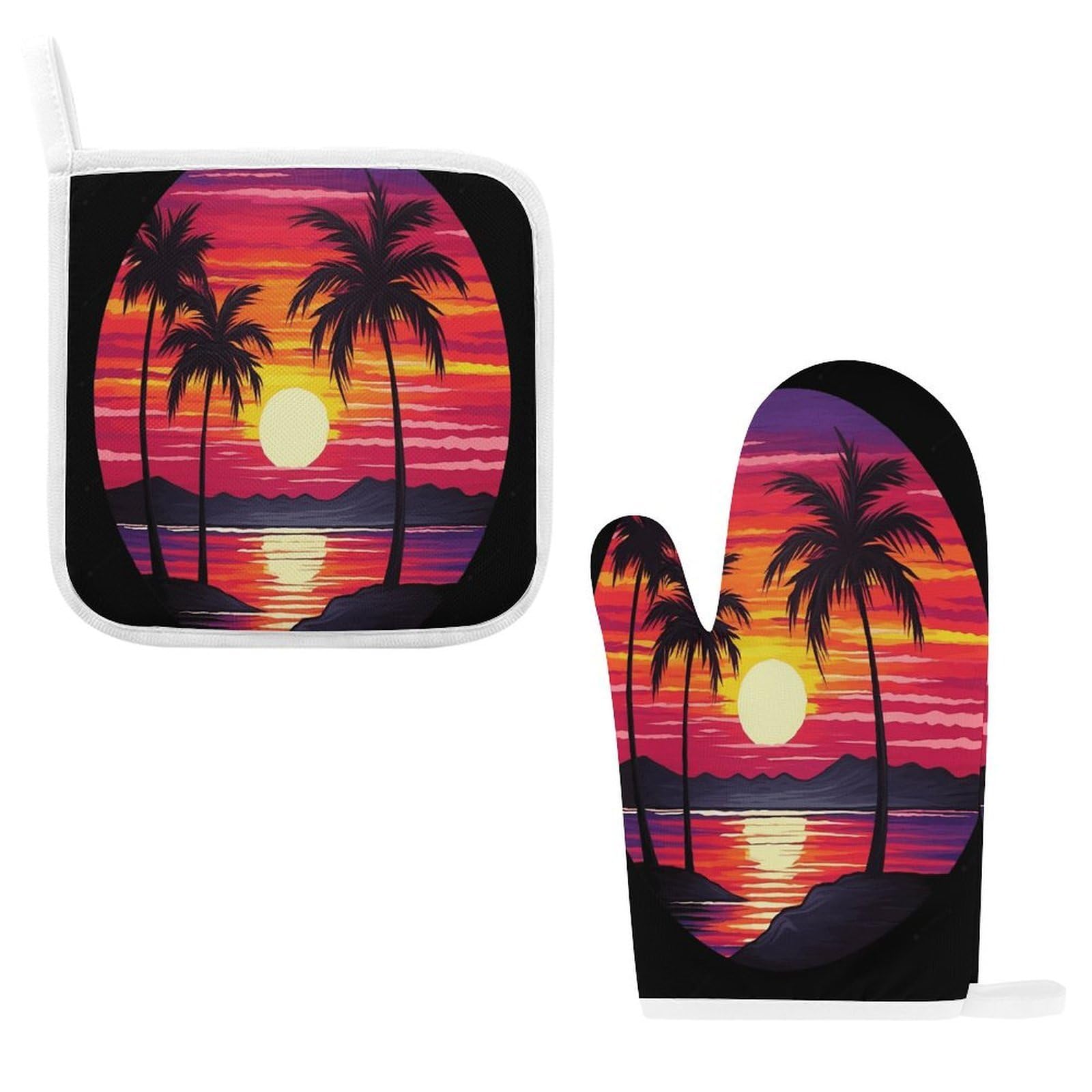 Fodpand Style Palm Tree Sunset Design Oven Mitts And Pot Holders Sets