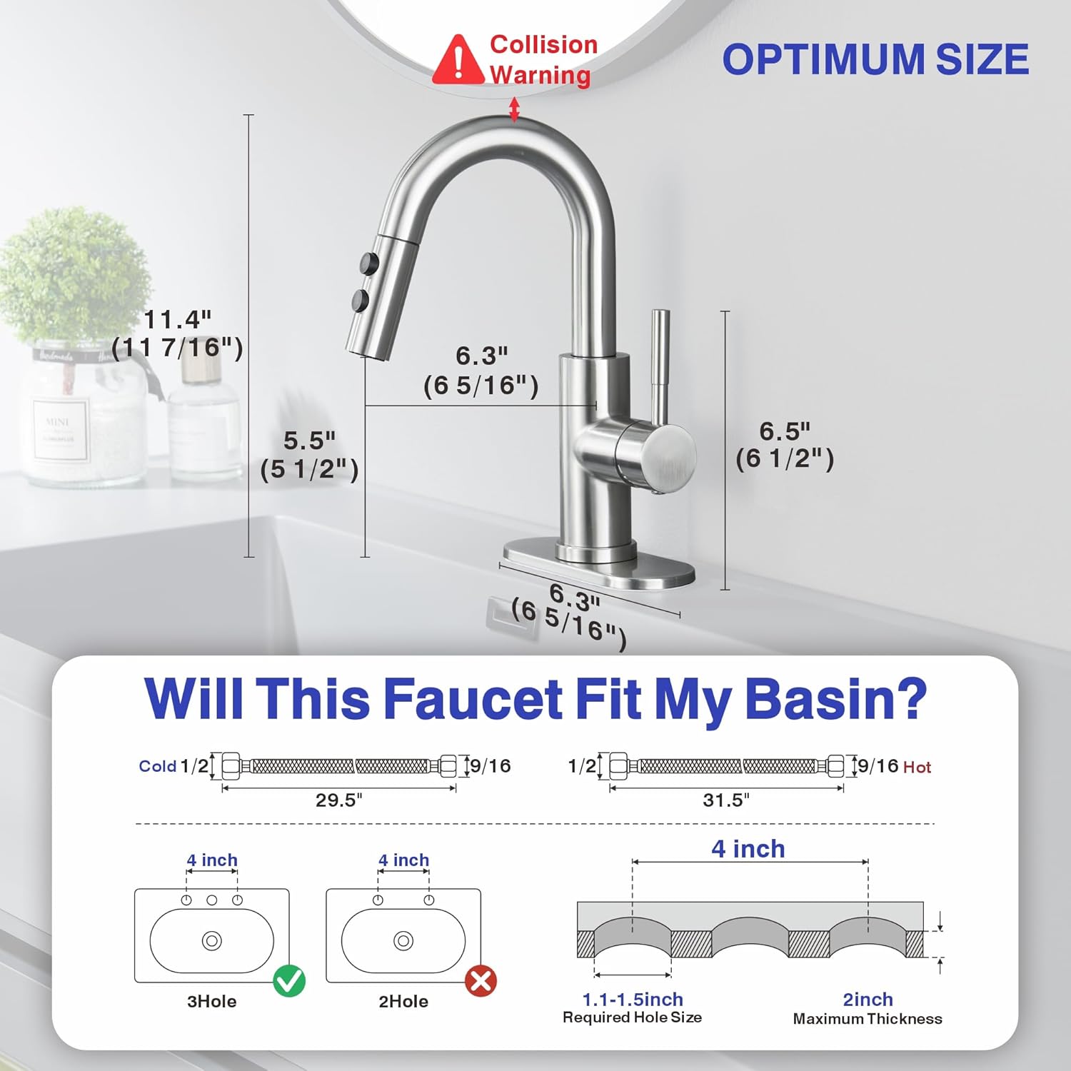 Bathroom Sink Faucet with Pull Down Sprayer, Brushed Nickel Single Handle Pull Out Faucet with Pop-Up Drain, 1 or 3 Hole Laundry Bar Basin Faucet with Deck Plate, KBL-7002BN-CL - Image 5