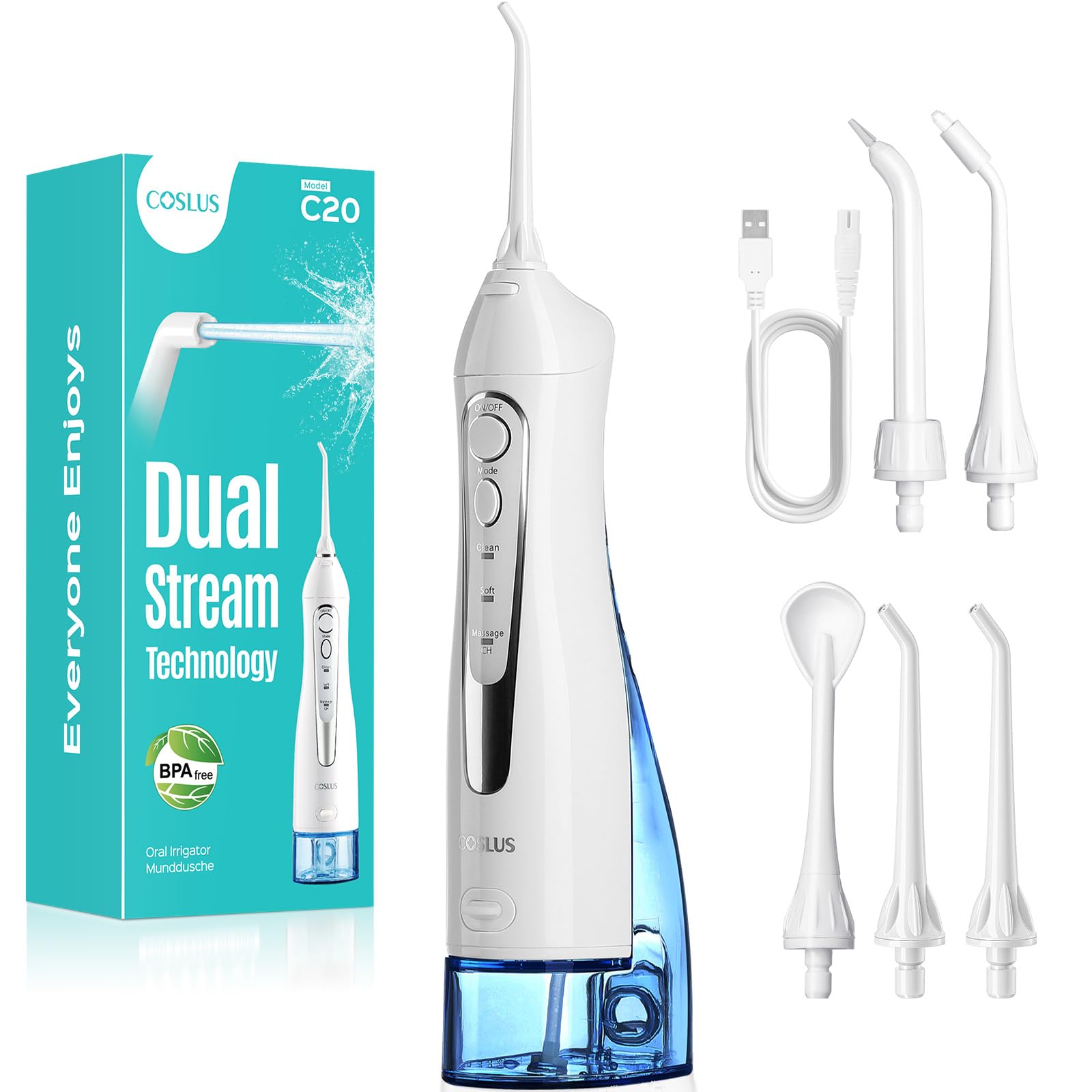COSLUS C20, hydropulseur portable, sans fil, double débit d'eau, IPX7