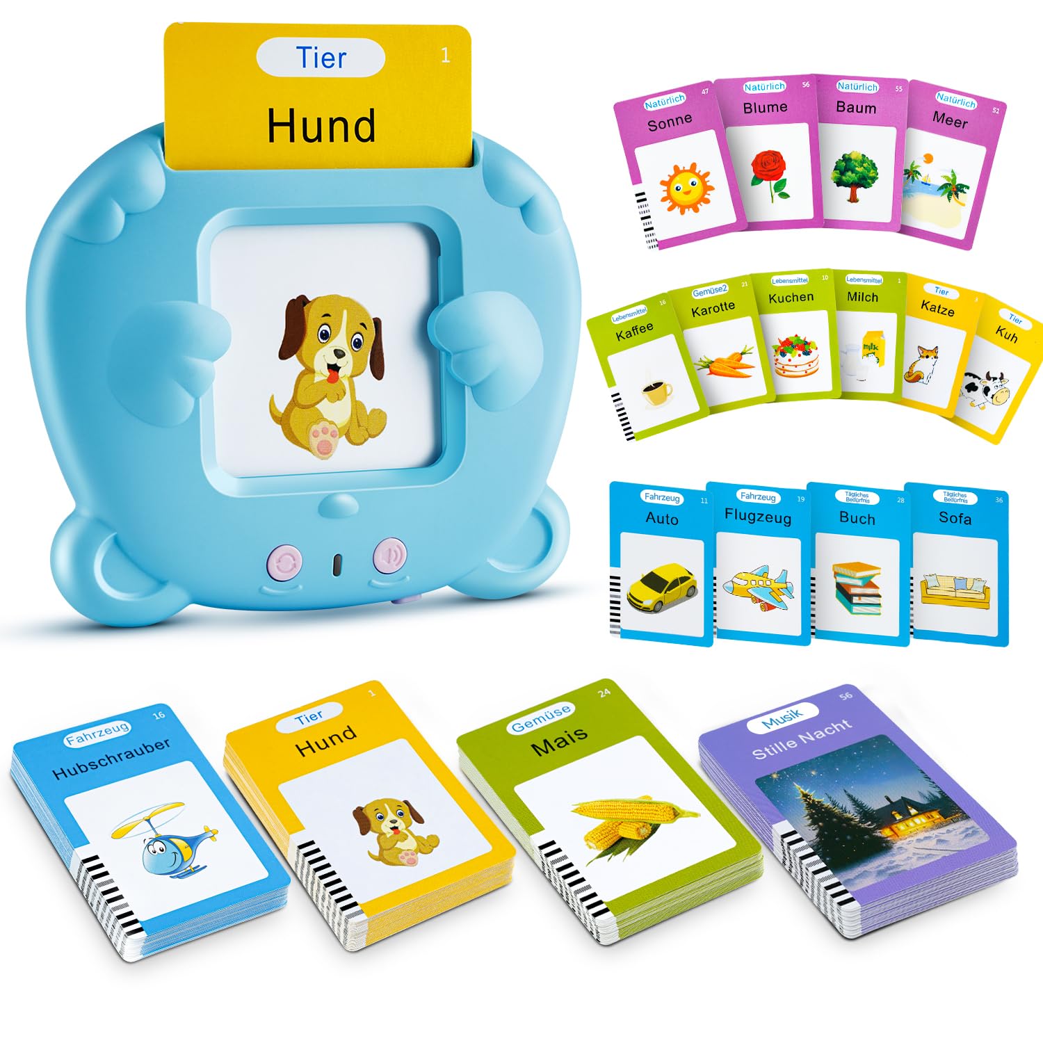 AHJ Sprechende Lernkarten - Interaktive Flashkarten Deutsch für Kinder ab 2-6 Jahre, 112 Blätter, 224 Wörter - Blau