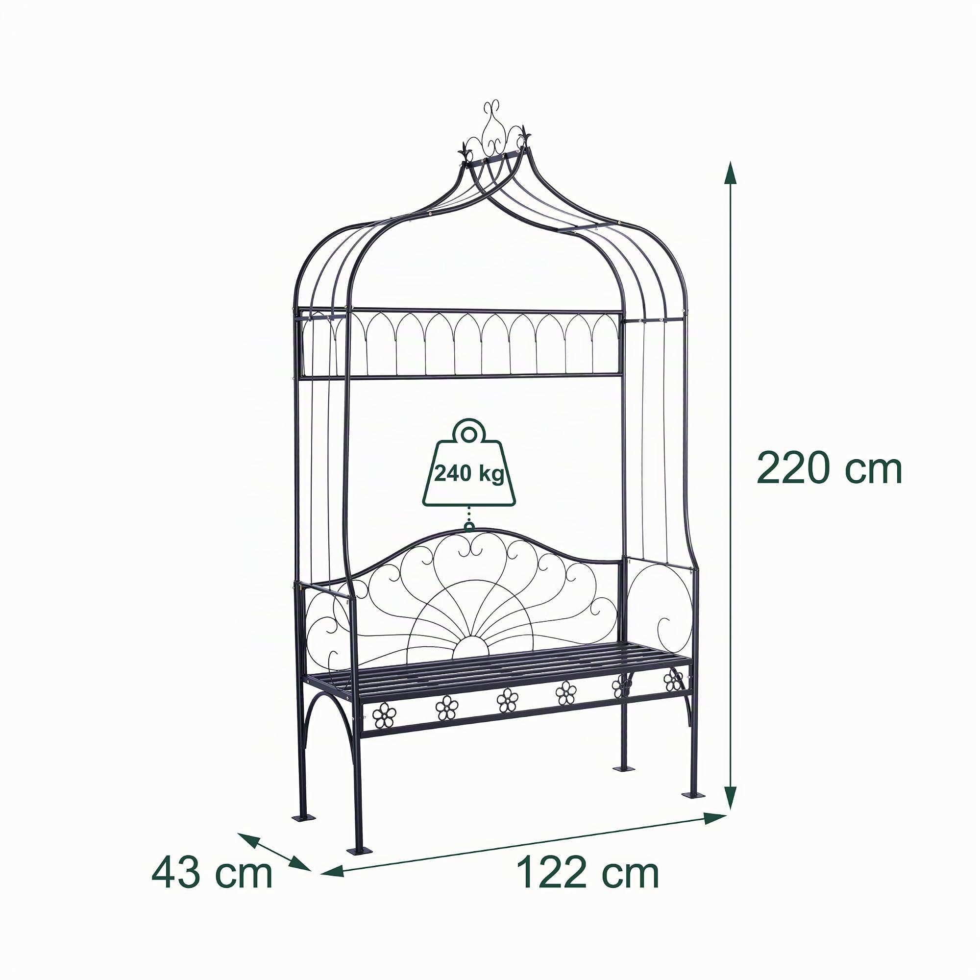 Relaxdays Arche à Roses avec Banc, métal, pour Jardin, H x L x P : 220 x 122 x 43 cm, Arche Stable pour grimpantes, Noir