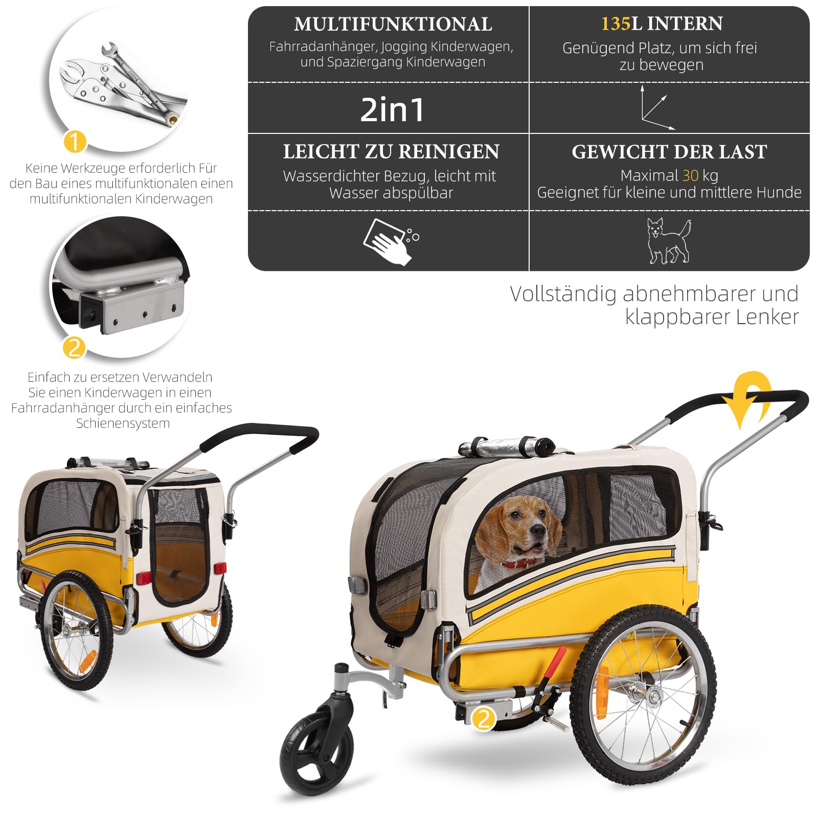 Hundeanhänger 2-in-1 für Fahrrad & Jogger – Transportwagen für Hunde bis 30 kg, faltbar, mit Bremsen, Signalwimpel, Outdoor & Heimgebrauch, leicht zu montieren