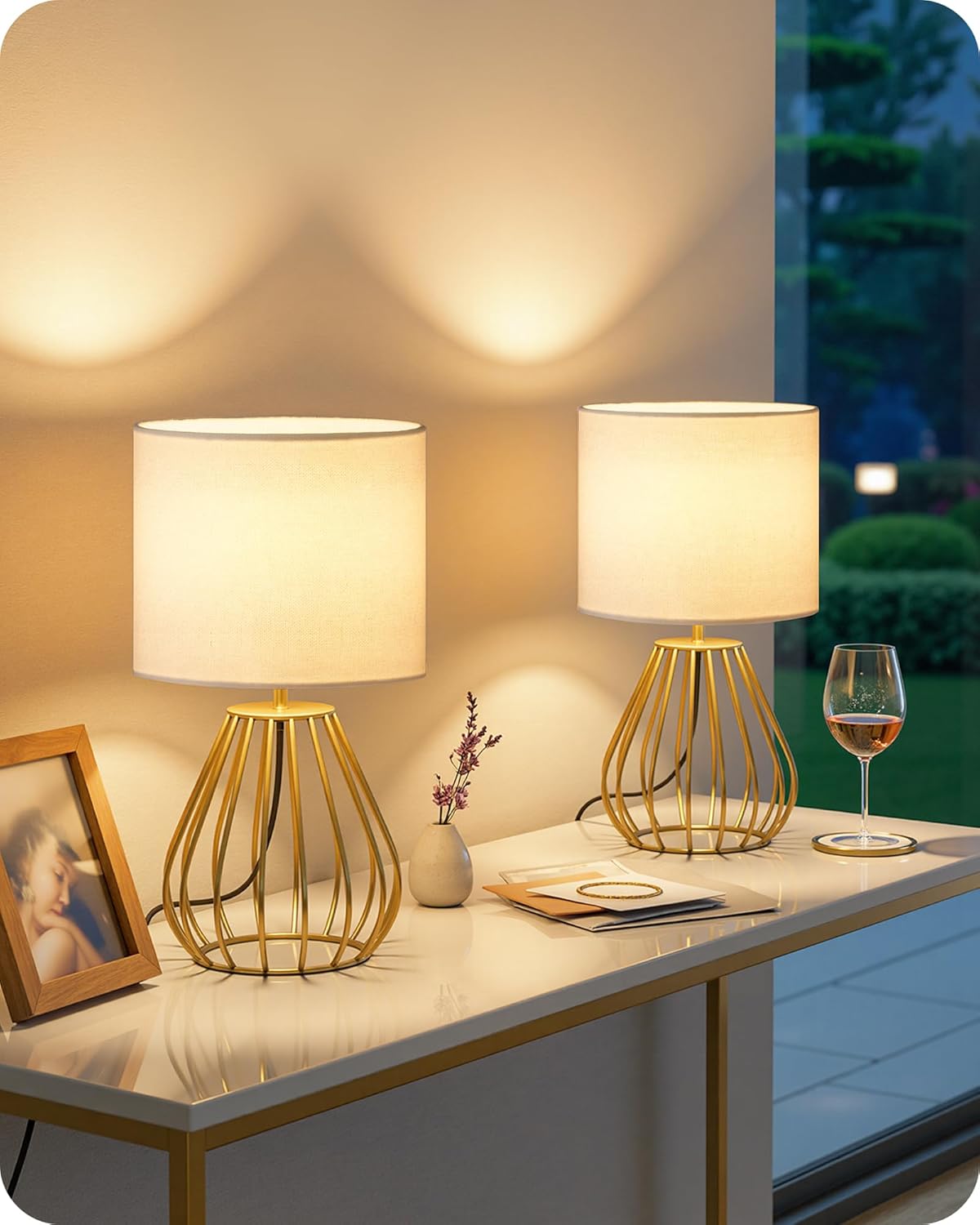 Gold Table Lamp Set of 2, Small Bedside Lamp with Gold Metal Base & White Linen Lampshade, Modern Nightstand Lamp, Little Cute Desk Lamp for Bedroom, 2700K LED Bulb Included DCW06TLP205