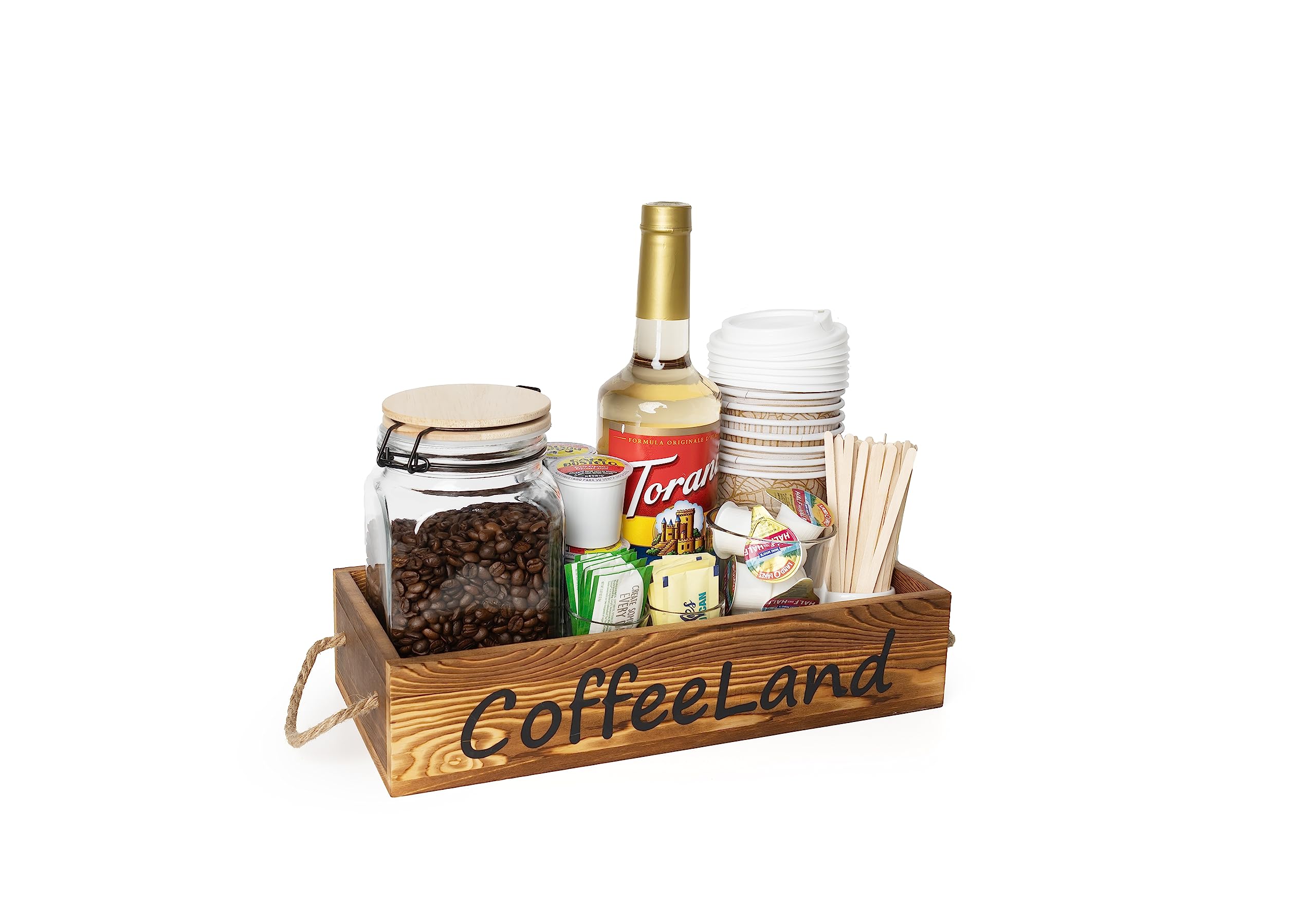BEKU Coffee Bar Accessories Kitchen Decor - Wooden Station Countertop Organizer - Condiment Caddy Set up Box - Rustic Storage Basket with Handle - Coffe Farmhouse K cup Storage - Pods Holder (Brown)