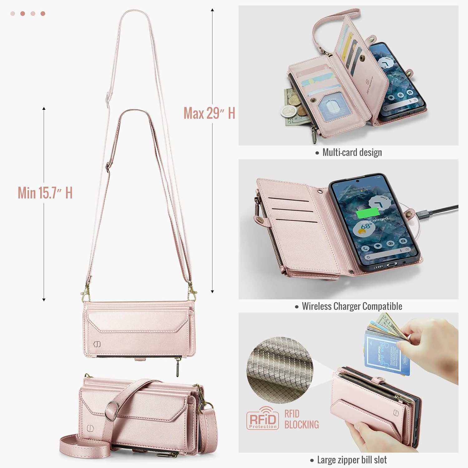 Strapurs Wallet Case Compatible with Google Pixel 10/10 Pro RFID Blocking 10-Card Holder Soft PU Leather Magnetic Snap Shoulder Strap Zipper Phone Case Fit for Pixel 10/10 Pro - Rosegold
