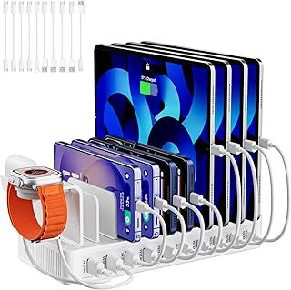 Charging Station USB C for Multiple Devices Fast, stazione di ricarica da 100 W con supporto per orologio e 10 cavi, 10 hub USB, caricatore per più iphone/Samsung, tablet e altri dispositivi USB