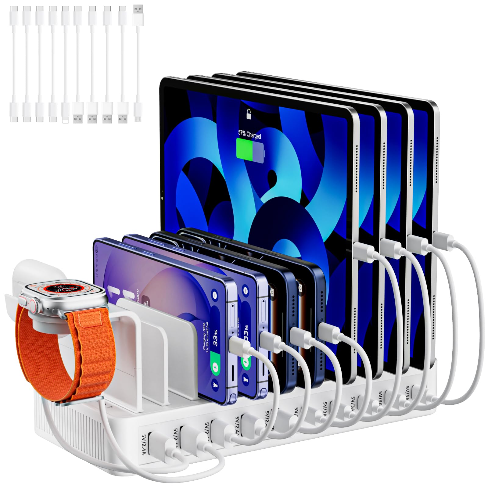 Stazione di Ricarica USB C 100 W con 10 Cavi e Supporto Orologio per iPhone Samsung Tablet