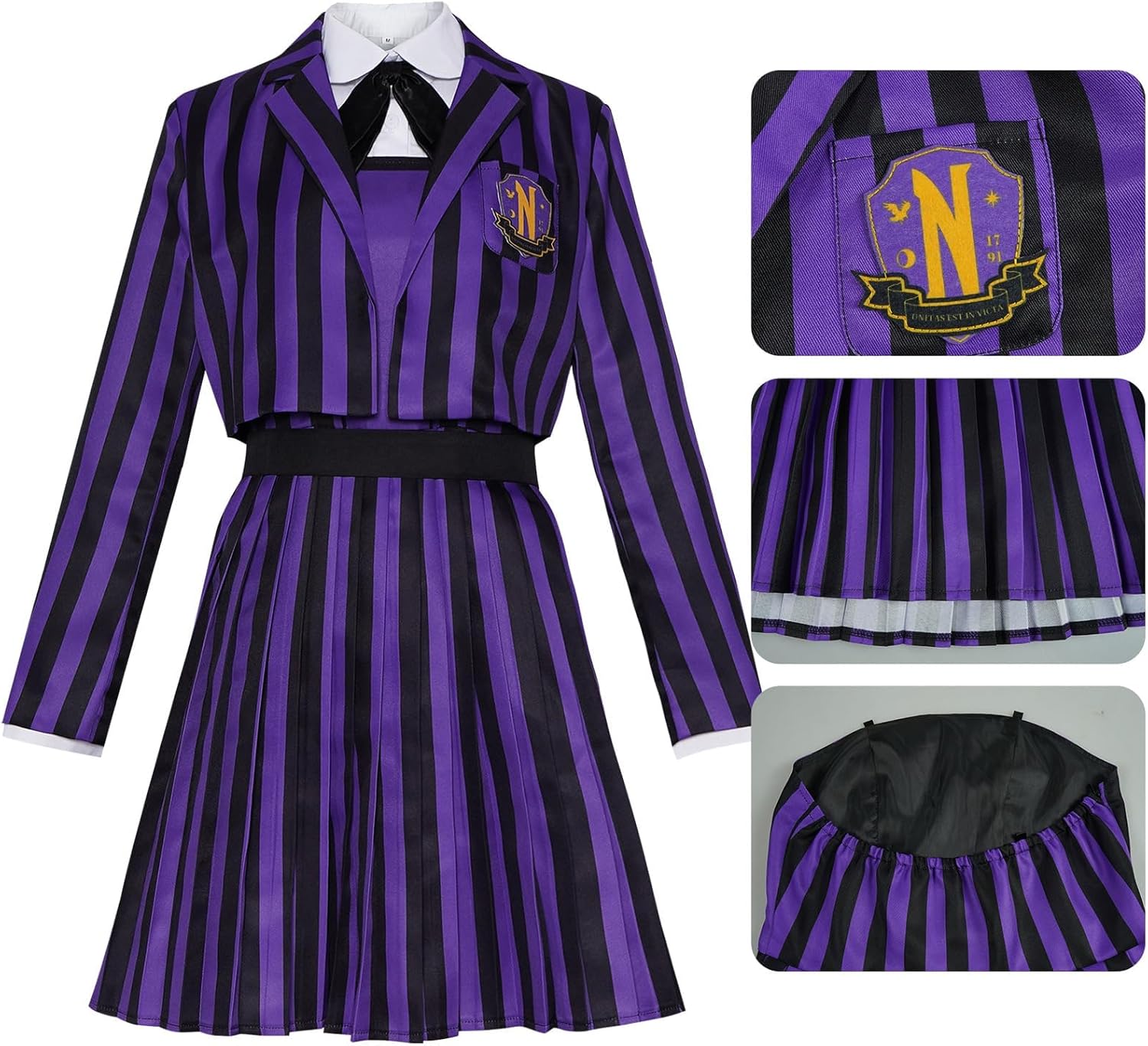 Animatrix Halloween Cosplay Costume Set for Women-Purple Gothic Dress with Blazer,Shirt,Bow Tie,Belt-5 Pcs Set - Image 5