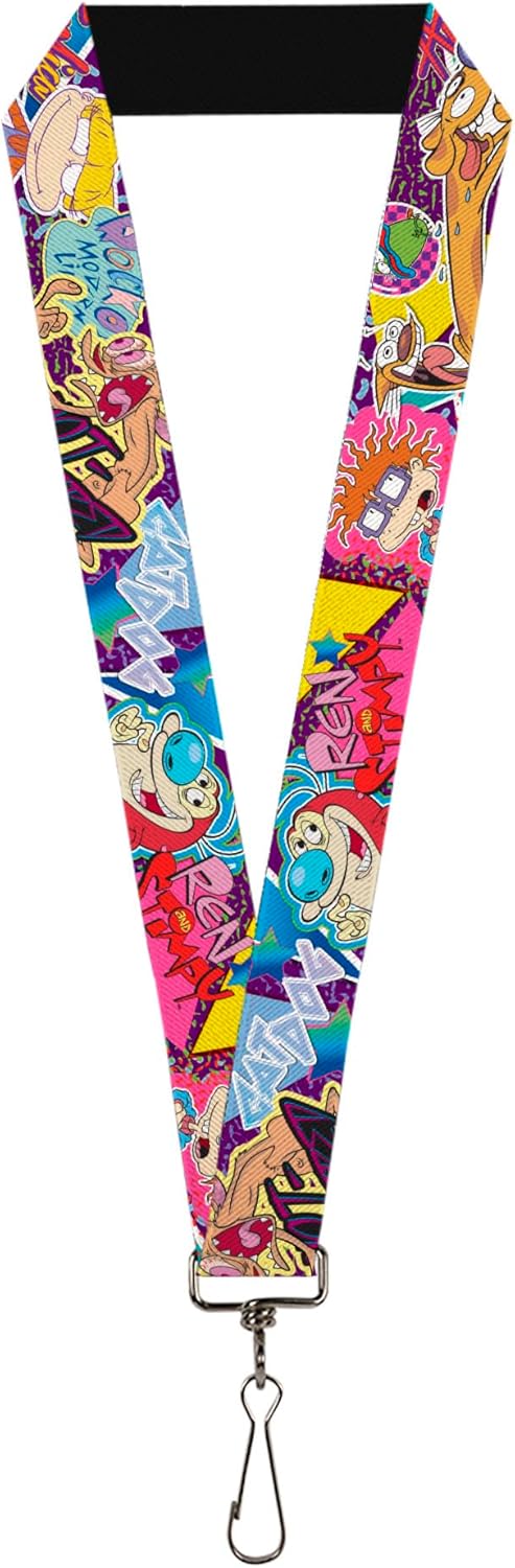 Buckle-Down Nickelodeon Lanyard, Nick 90s Rewind Characters and Logo Collage, Elastic