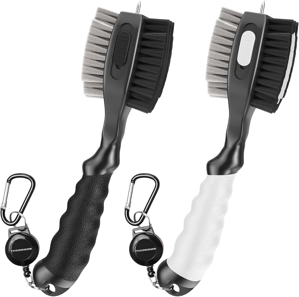 2 Pack Golf Club Brushes and Groove Cleaner 2 ft Retractable Zipline Carabiner Golf Brush Head with Retractable Spike Comfortable Grip Golf Club Cleaner and Best Golf Gifts for Men （Black & White)