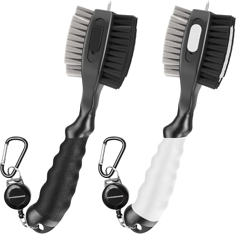 2 Pack Golf Club Brushes and Groove Cleaner 2 ft Retractable Zipline Carabiner Golf Brush Head with Retractable Spike Comfortable Grip Golf Club Cleaner and Best Golf Gifts for Men （Black & White)