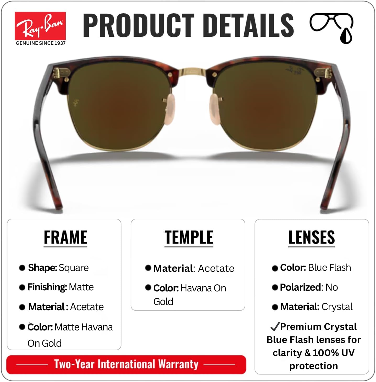 Ray-Ban RB3016 CLUBMASTER FLASH LENSES Square Shaped Sunglasses for Men & Women with Official RAYBAN Eyewear Kit