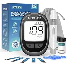 Medilax Blood Glucose Monitor Kit, 100 Test Strips &amp; 100 Lancets Blood Sugar Testing Kit with Glucometer and Lancing Device, No Coding, 500 Storage Glucose Monitor for Home Use, Diabetes Testing