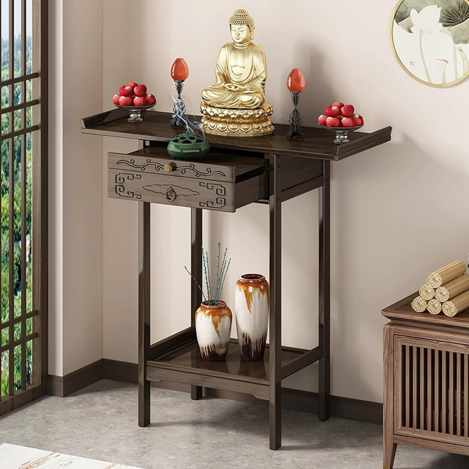 Stand Meditation Prayer Tabl, Home Bamboo Altar Table with Pull Out Board and Drawer, for Prayer Spiritual Rituals(50cm/20'')