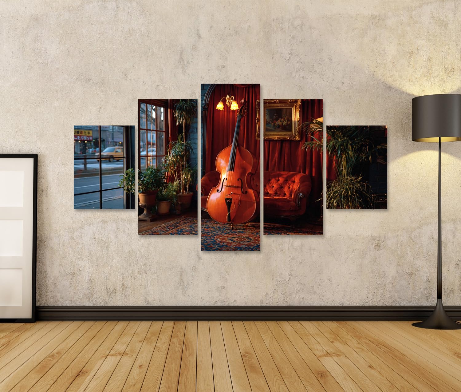 islandburner Cuadro sobre lienzo elegante de contrabajo impresión de salón para amantes de la música – 5 piezas