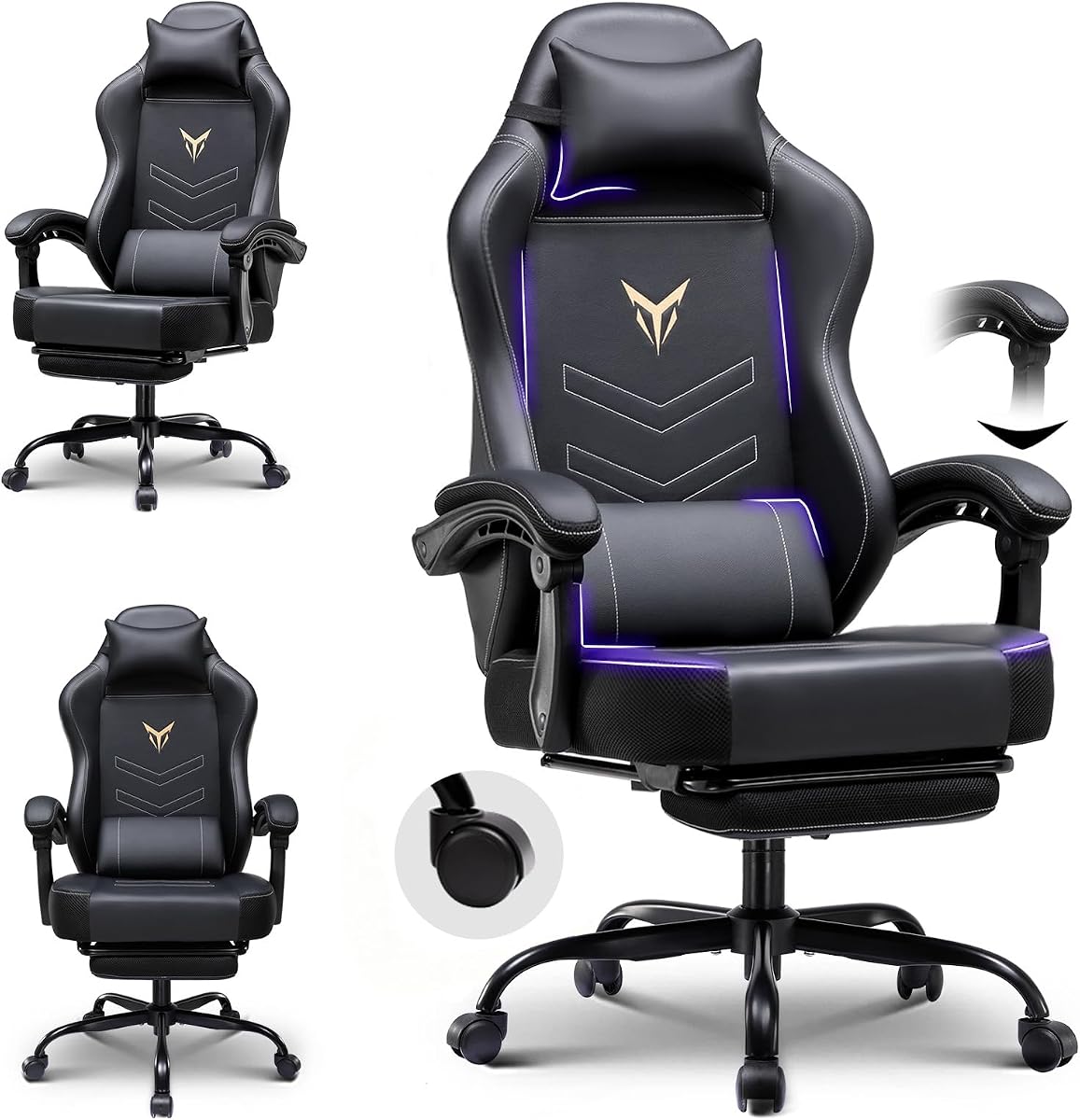 Gaming Chair with Footrest, Ergonomic Office Chair 300lbs Capacity, Computer Desk Chair with Headrest and Lumbar Support, Linkage Armrests, 90-155° Recline, PU Leather Black