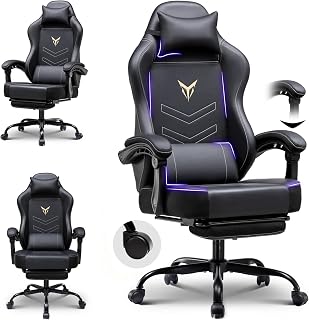 GTPLAYER Gaming Chair with Footrest, Ergonomic Office Chair 300lbs Capacity, Computer Desk Chair with Headrest and Lumbar Support, Linkage Armrests, 90-155° Recline, PU Leather Black