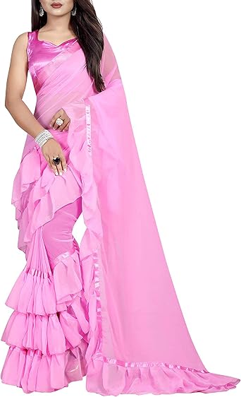 Saree Ruffle Georgette Ethnic Indian Women Party Wear Frill Designer Border Sari