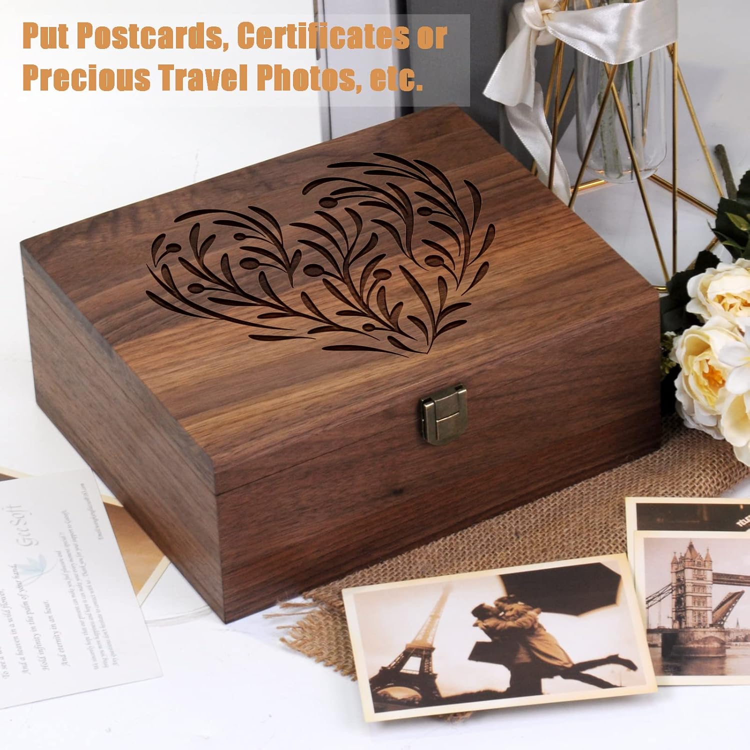 Walnut Wooden Memory Keepsake Box with Hinged Lid and Latch for Precious Items, Decorative Keepsake Box for Memories,Commemorative Gift