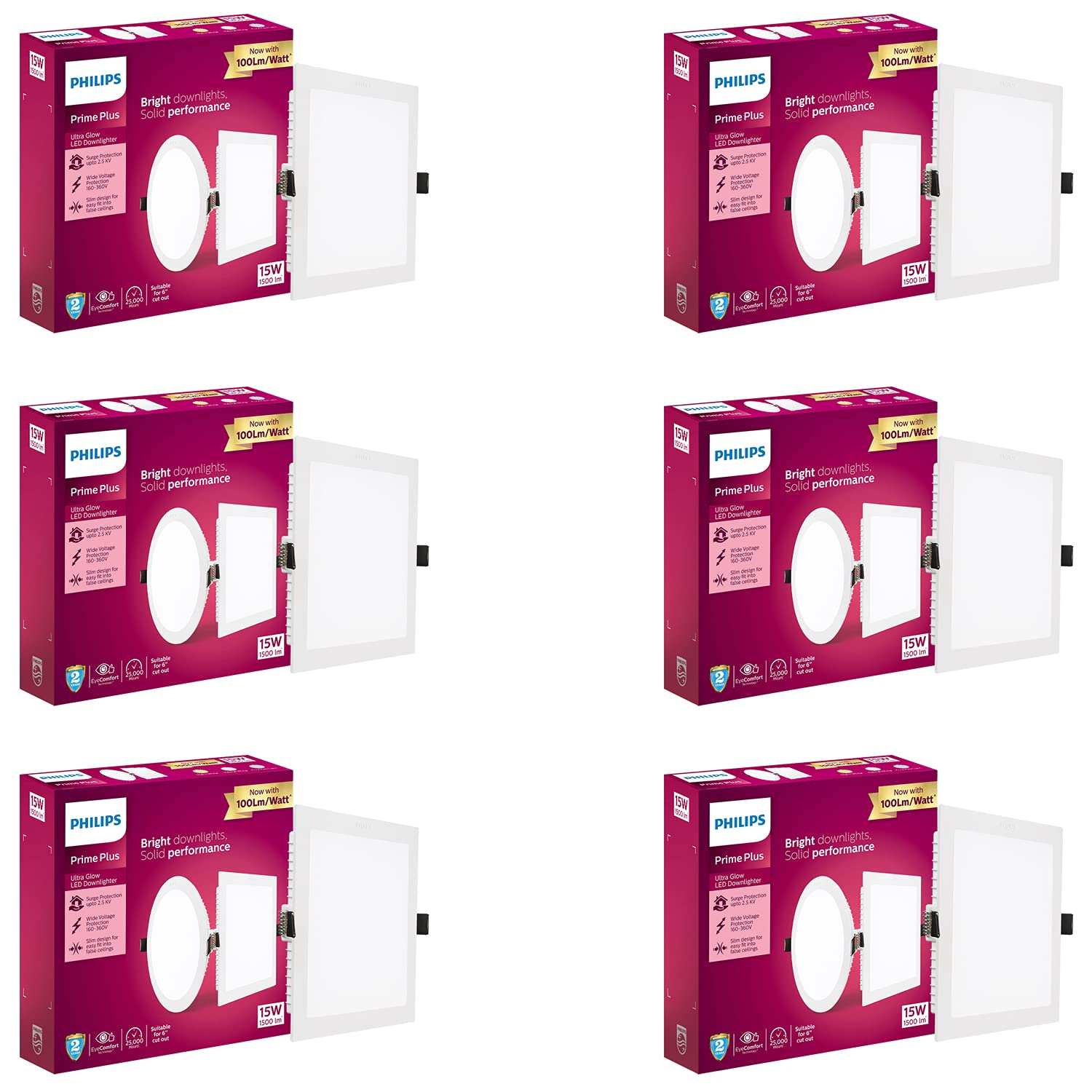 PHILIPS 15W Square AP Plus UltraGlow LED DL Recessed LED Panel Ceiling Light (Pack of 6, Cool Day Light)