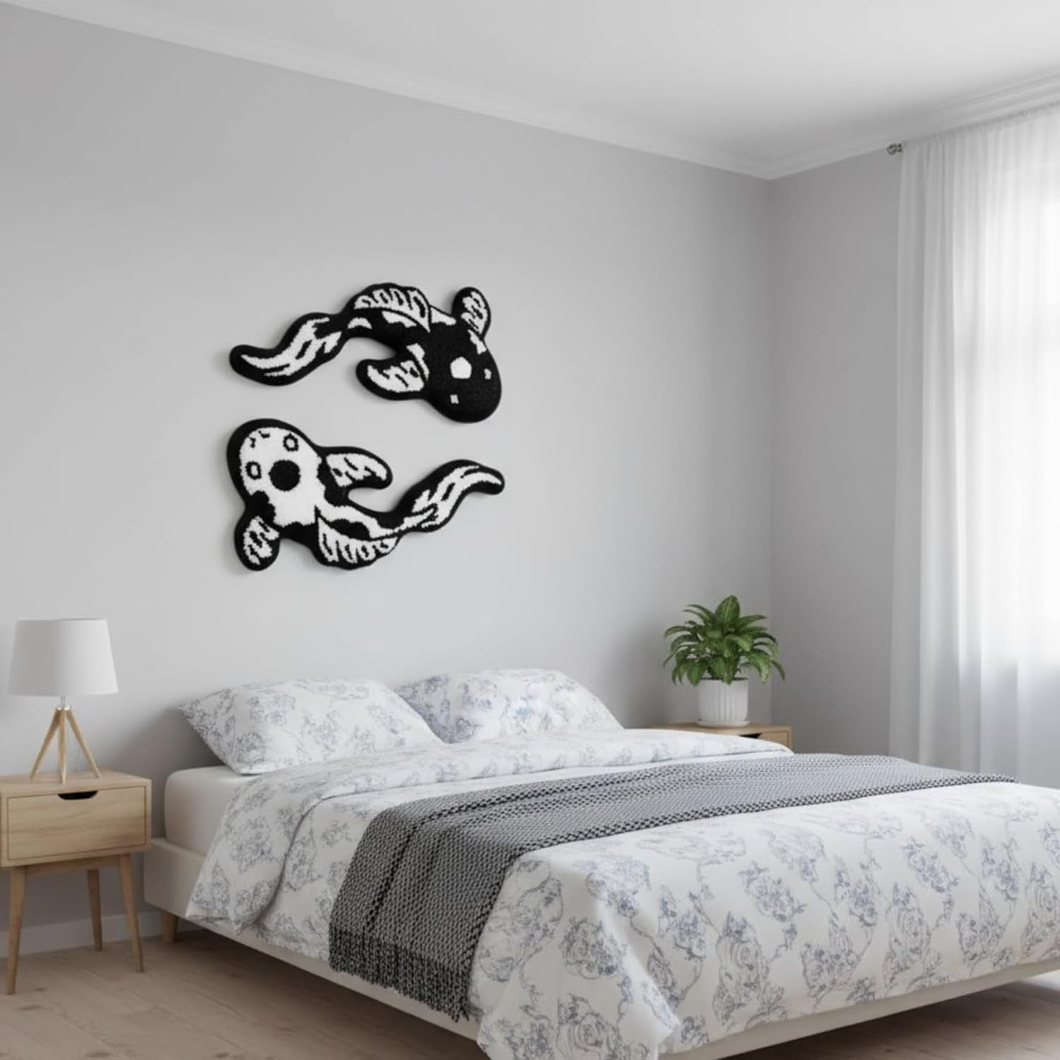 Koi Fish Rug Set of 2 (32x16) – Tufted Black Rug for Living Room, Japanese Decor Carp Design, Soft Japanese Area Rug for Home, Unique Koi Fish Decor Accent Mats