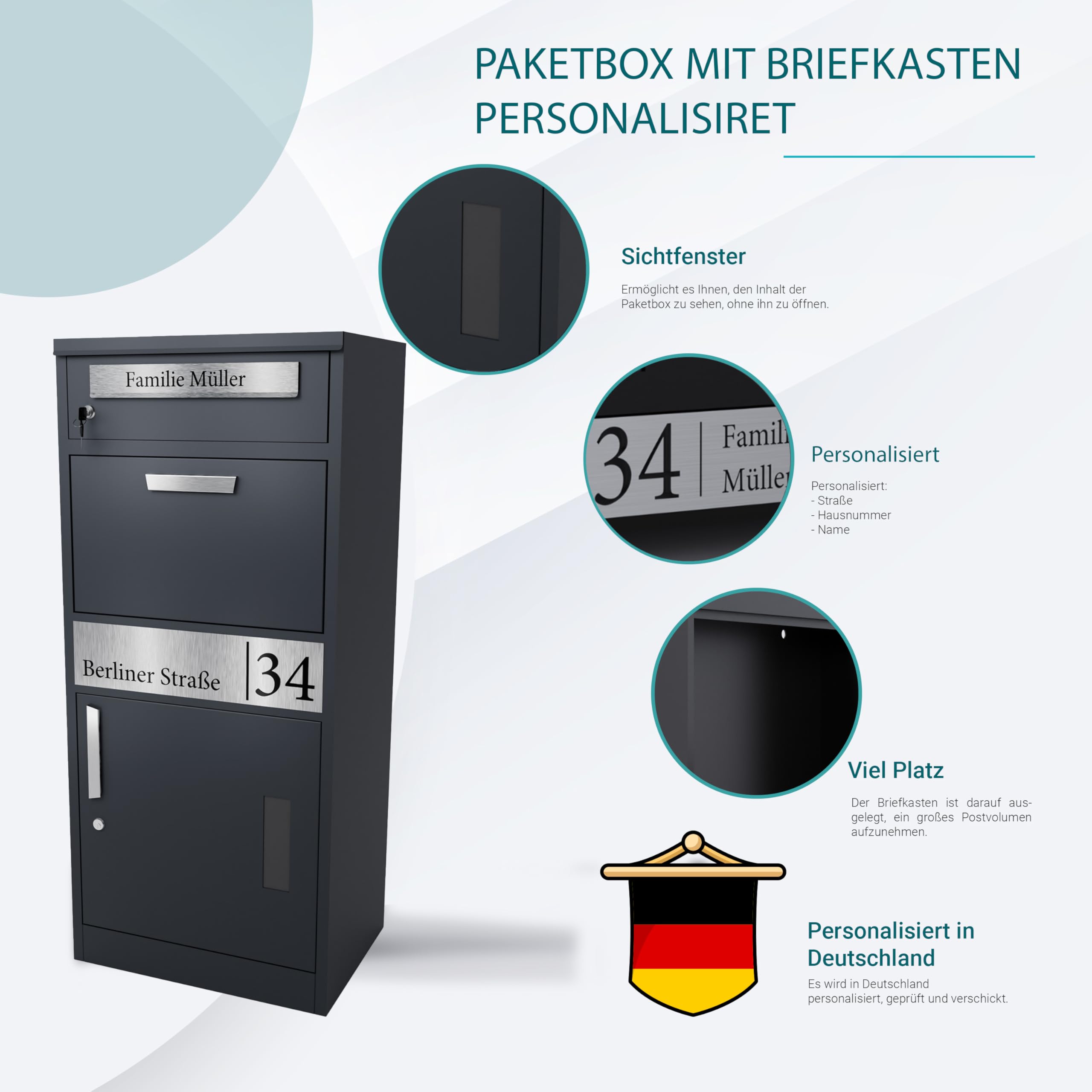 Bl4ckPrint® Briefkasten mit Paketfach personalisiert | XXL Paketbox für draußen groß | Paketbriefkasten in Anthrazit Postkasten Witterungsbeständig Rostfrei | Standbriefkasten für Pakete Wetterfest