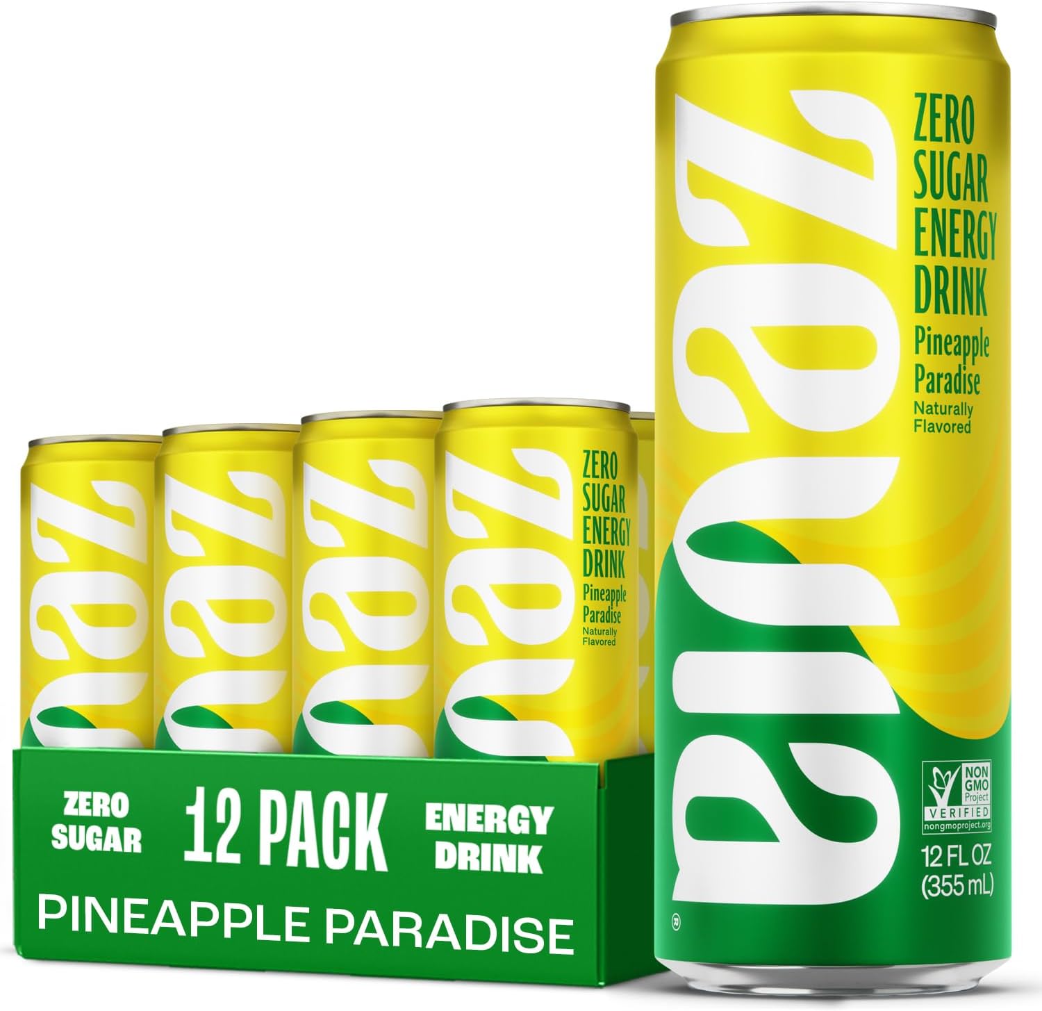 Zevia Zero Sugar Energy Drink, Pineapple Paradise, 12 oz Cans (12-Pack) – Naturally Sweetened, Non-GMO Project Verified, Gluten-Free, Vegan
