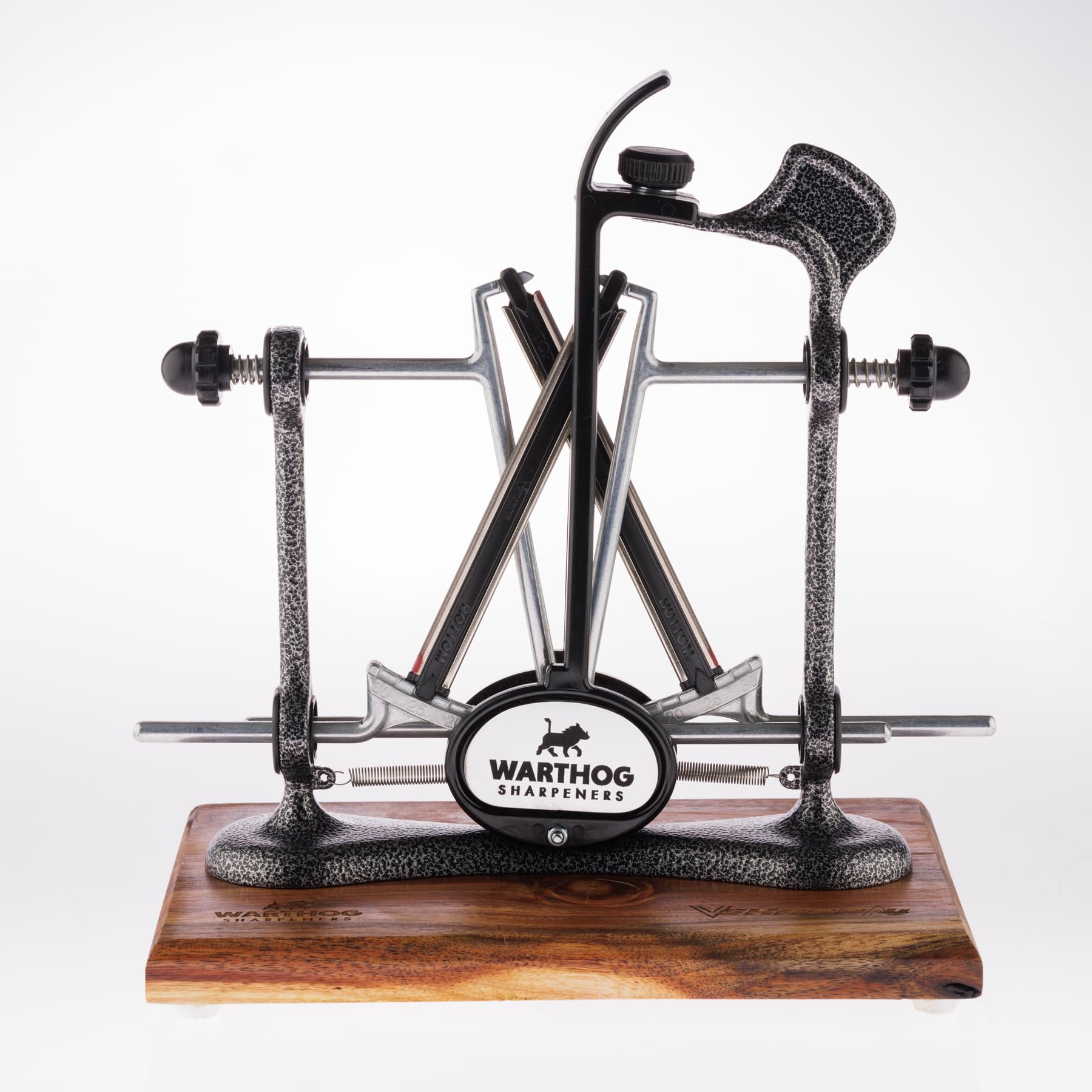Warthog Sharpeners V-Sharp A4 ELITE Messerschärfer Anthrazit, mit 4 verschiedenen Schleifwinkel – hochwertigem Holzstandfuß - Messerschleifer für Jagdmesser, Küchenmesser, Schnitzmesser, uvm.