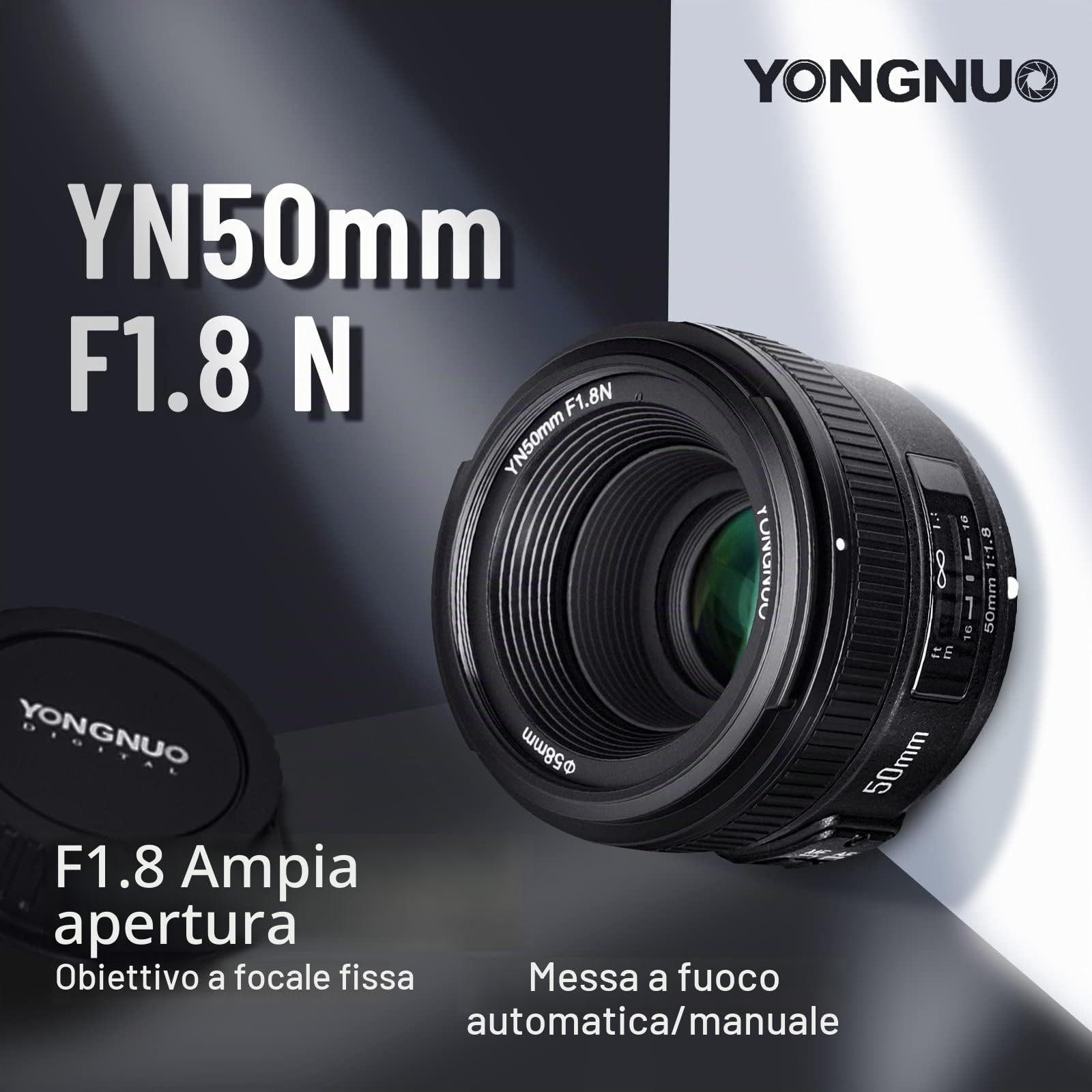 Yongnuo YN50mm Nikon - Obiettivo per fotocamere DSLR (F/1.8, 58mm, AF/MF), nero