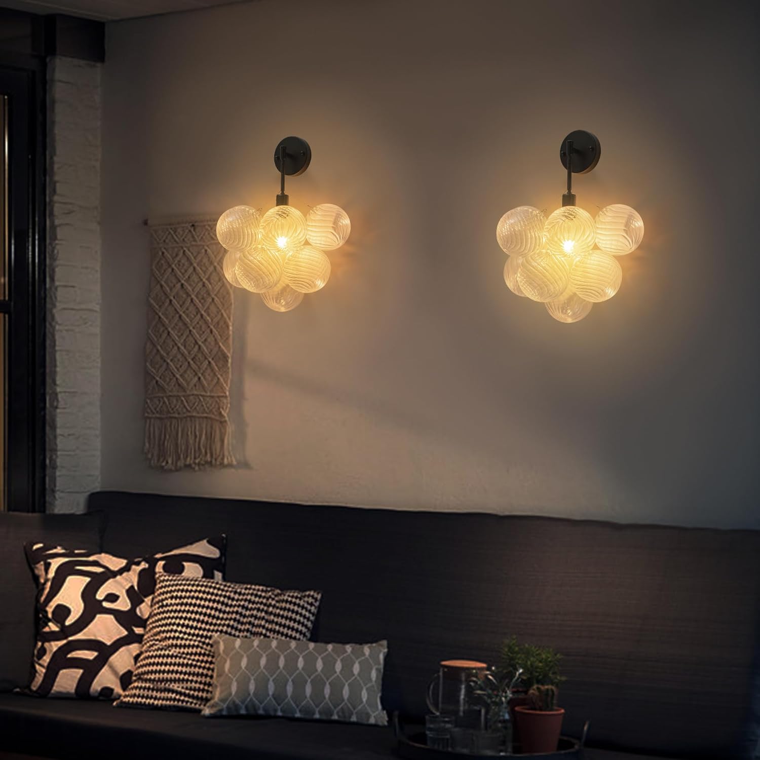 Black Bubble Lights Wall Sconces, Glass Globes Wall Lamps, Ribbed Glass Balls Wall Lights, Wall Mounted Light Fixture with Glass Lampshade for Reading Bedroom Bedside Stairway Hallway 15" Dia