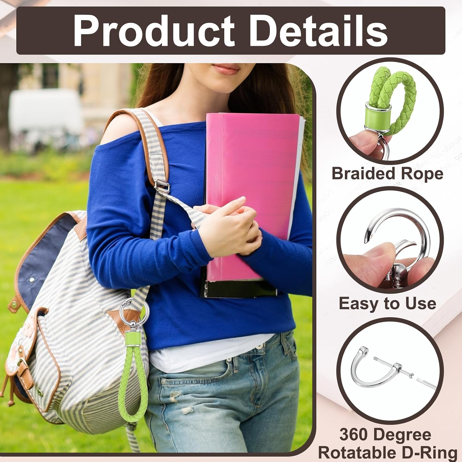 MECCANIXITY Weave Key Chain Ring Braided Rope Leather Keychain with 360 Degree Rotatable D-ring and Screwdriver Zinc Alloy