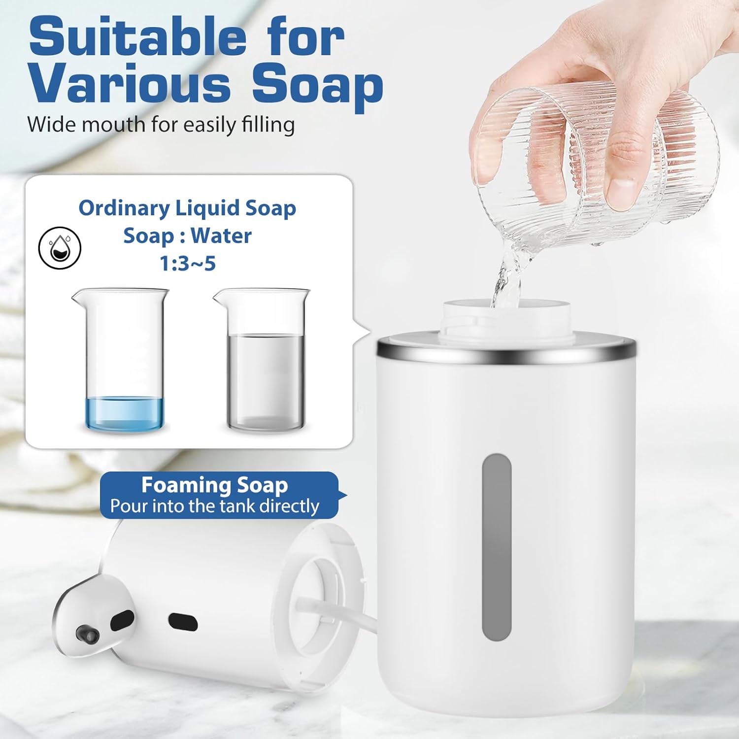 Automatic Foaming Soap Dispenser, LED Display Touchless Foam Hand Soap Dispenser for Bathroom Countertop, Kitchen, 6-Level Adjustable,380ML, Rechargeable(White) - Image 5