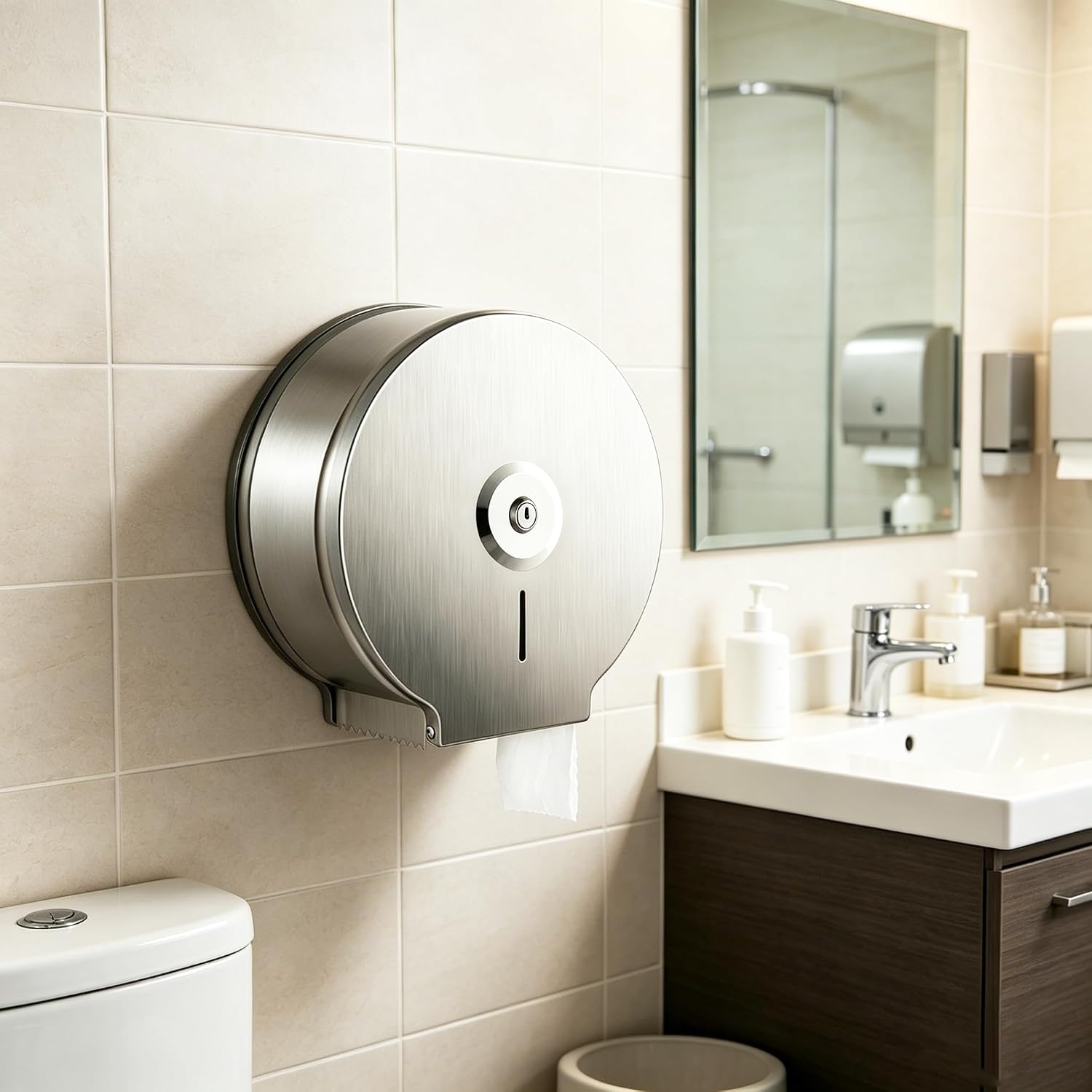 Commercial Jumbo Toilet Paper Dispenser, Brushed Stainless Steel Large Roll Bathroom Tissue Holder Wall Mount, 9” Diameter Lockable Dispenser with Key for Business Restrooms image 5