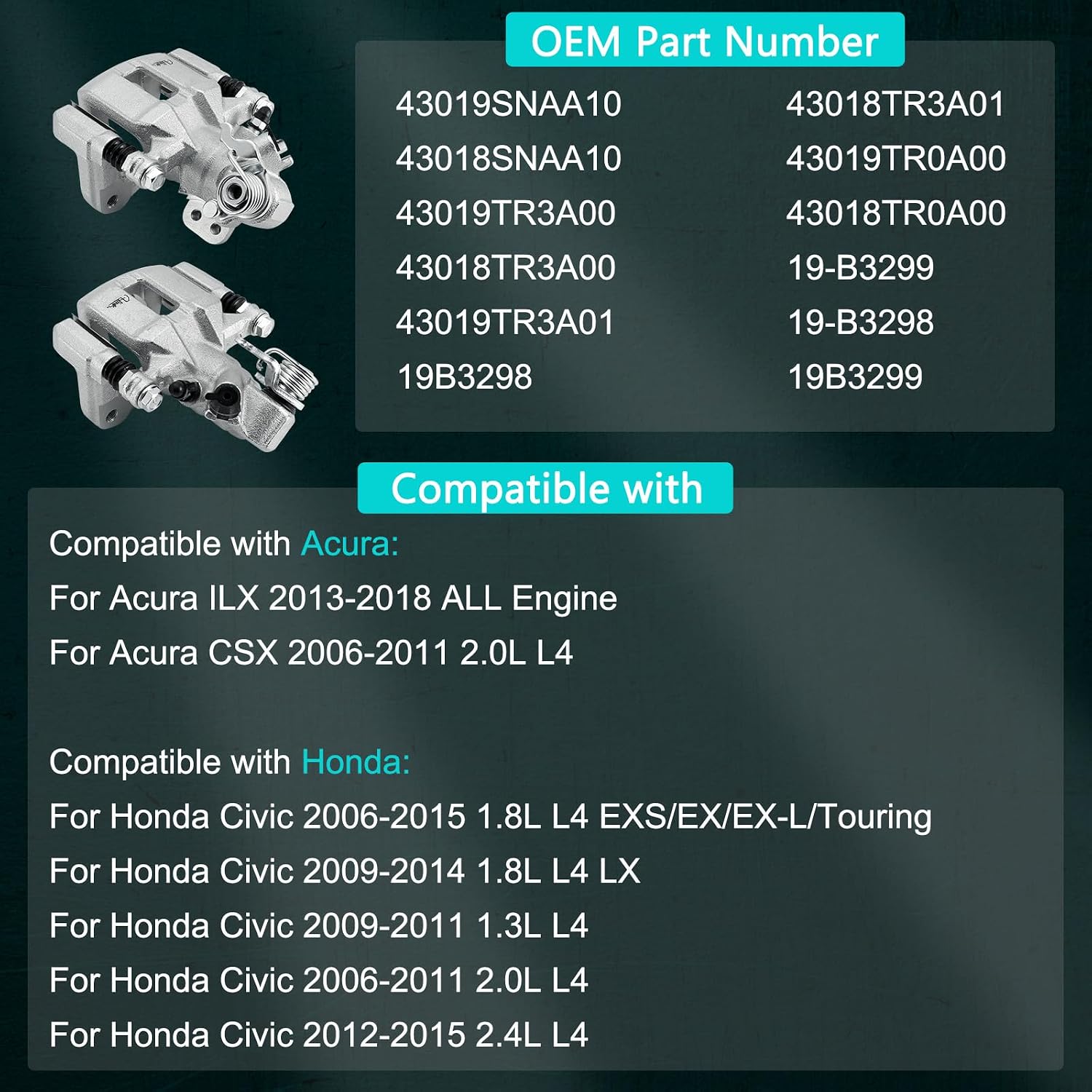 AULINK 43019SNAA10 43018SNAA10 Rear Left Right Disc Brake Caliper Assembly with Bracket For Acura ILX 2013-2018, CSX 2006-2011, Honda Civic 2006-2015 1.3L 1.8L 2.0L 2.4L Rear Driver and Passenger Side