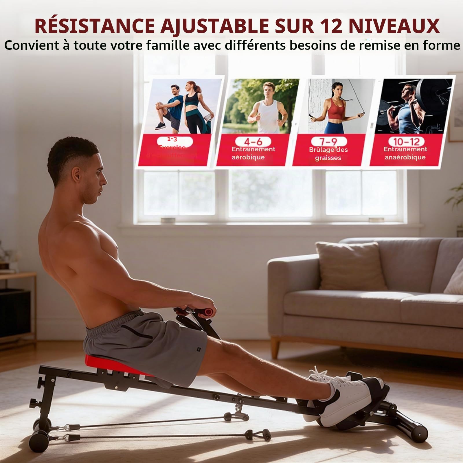 Rameur pour la Maison Hydraulique Rowing Machines, 12 Niveaux de Résistance, Capacité de 180KG, Rameur pour Entraînement Complet Fitnessappareil