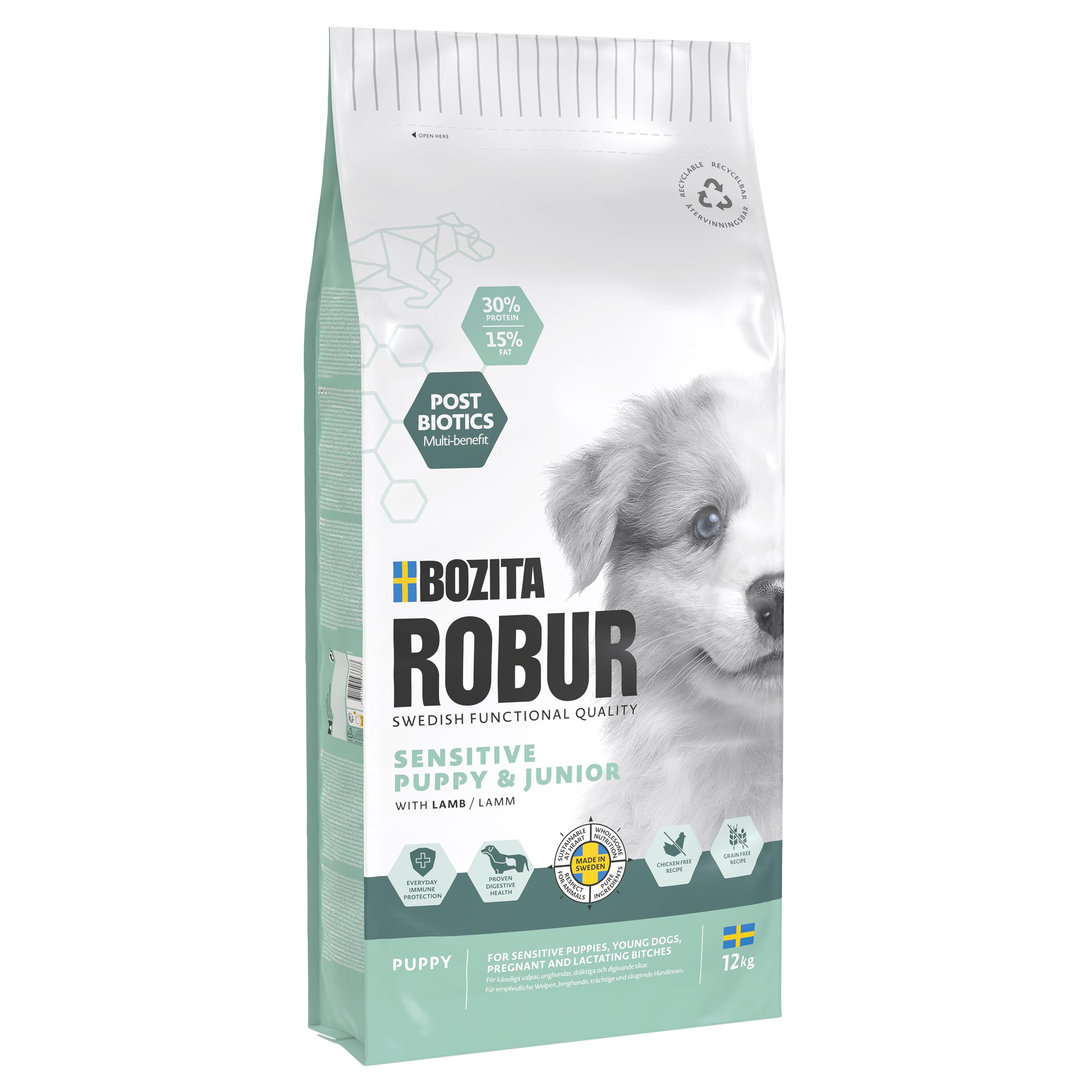 Bozita ROBUR Sensitive Grain Free Puppy Lamm 12kg - Welpenfutter ohne Getreide, mit Lamm und Postbiotika - OHNE HUHN