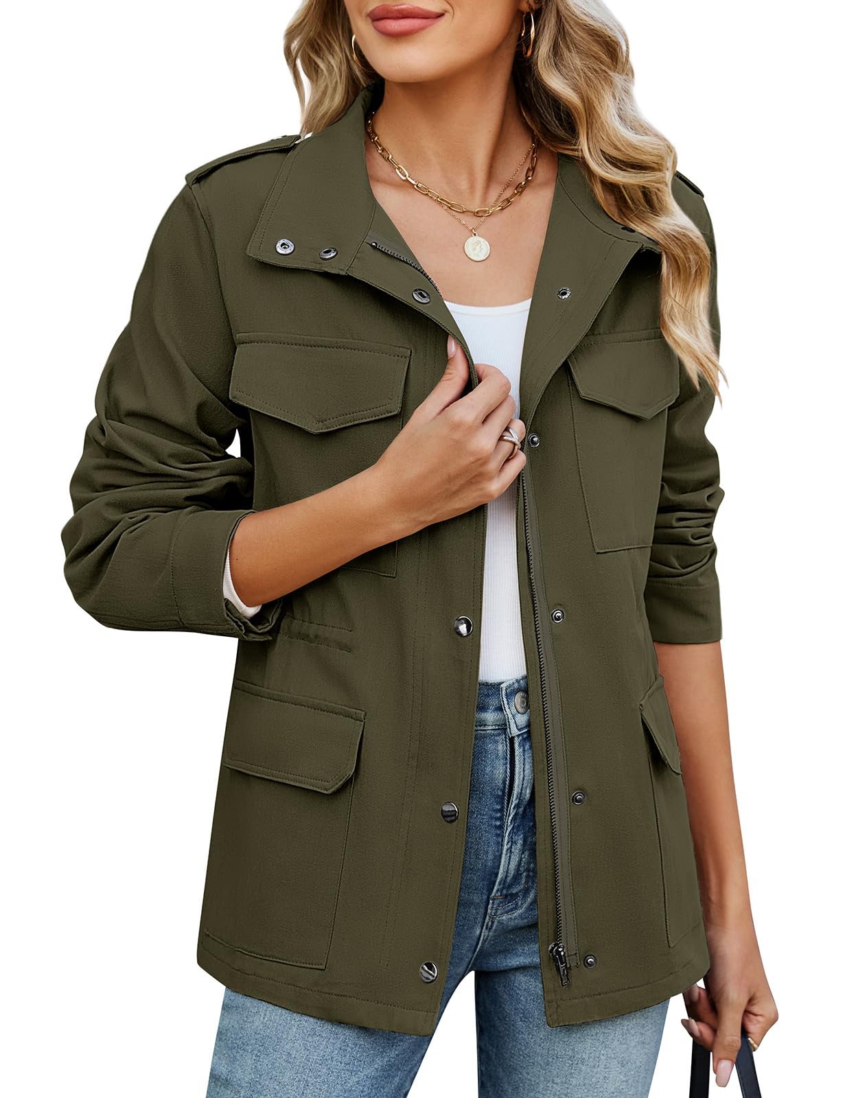Tuopuda Giacca da Donna Cotone Militare Cappotto Leggera Zip Up Parka Utility Giacche con Tasche Primavera Autunnale