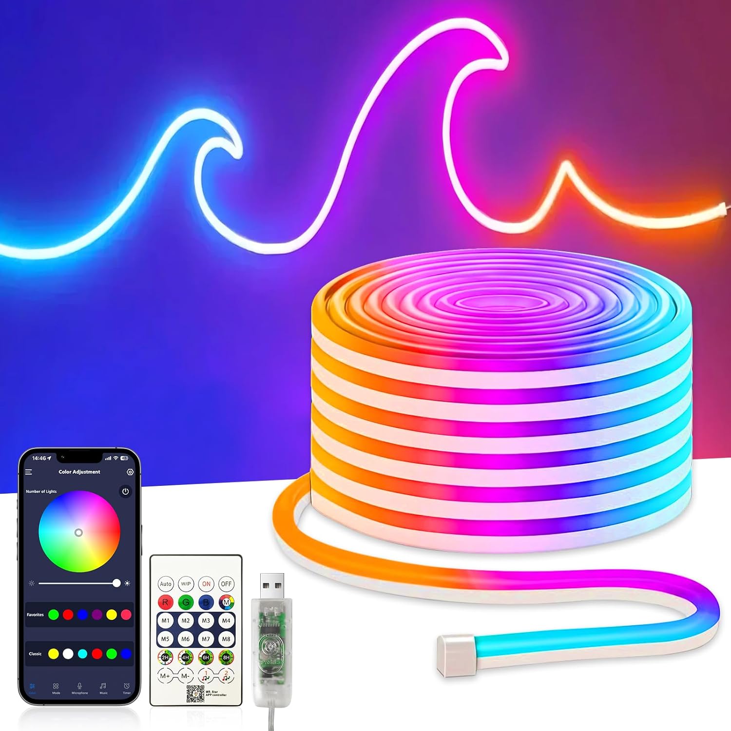 32.8FT Neon Rope Lights,Flexible RGB+IC LED Strip Lights,Remote Control,Multiple Modes,for Living Room,Bedroom,Holiday Decoration
