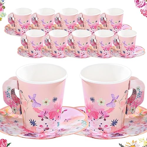 Miniatura 5 de Juego de 12 tazas y platillos de papel floral rosa | Decoración de mesa para fiesta del Día de la Madre | Vajilla desechable para cumpleaños, fiesta