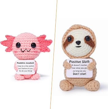 OkiyiD Cute Doll, Pack of 2, Axolotl + Sloth, Mini Funny Positive Knitted Wool Toy with Positive Card, Creative Cute Crochet Doll Emotional Support Cheer Up Keepsake Gift for Friends, Women, Students