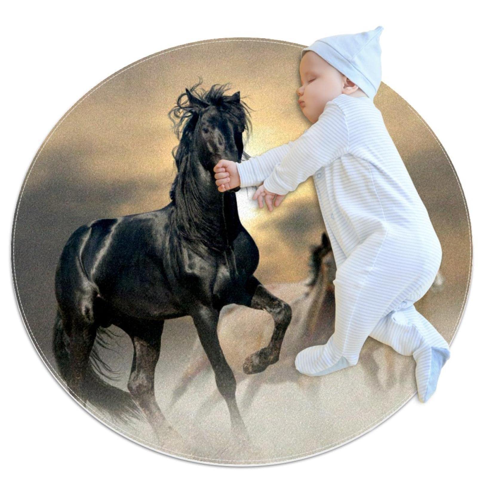 Alfombra de área de juego redonda infantil de caballos animados para cuarto de niñas 80cm