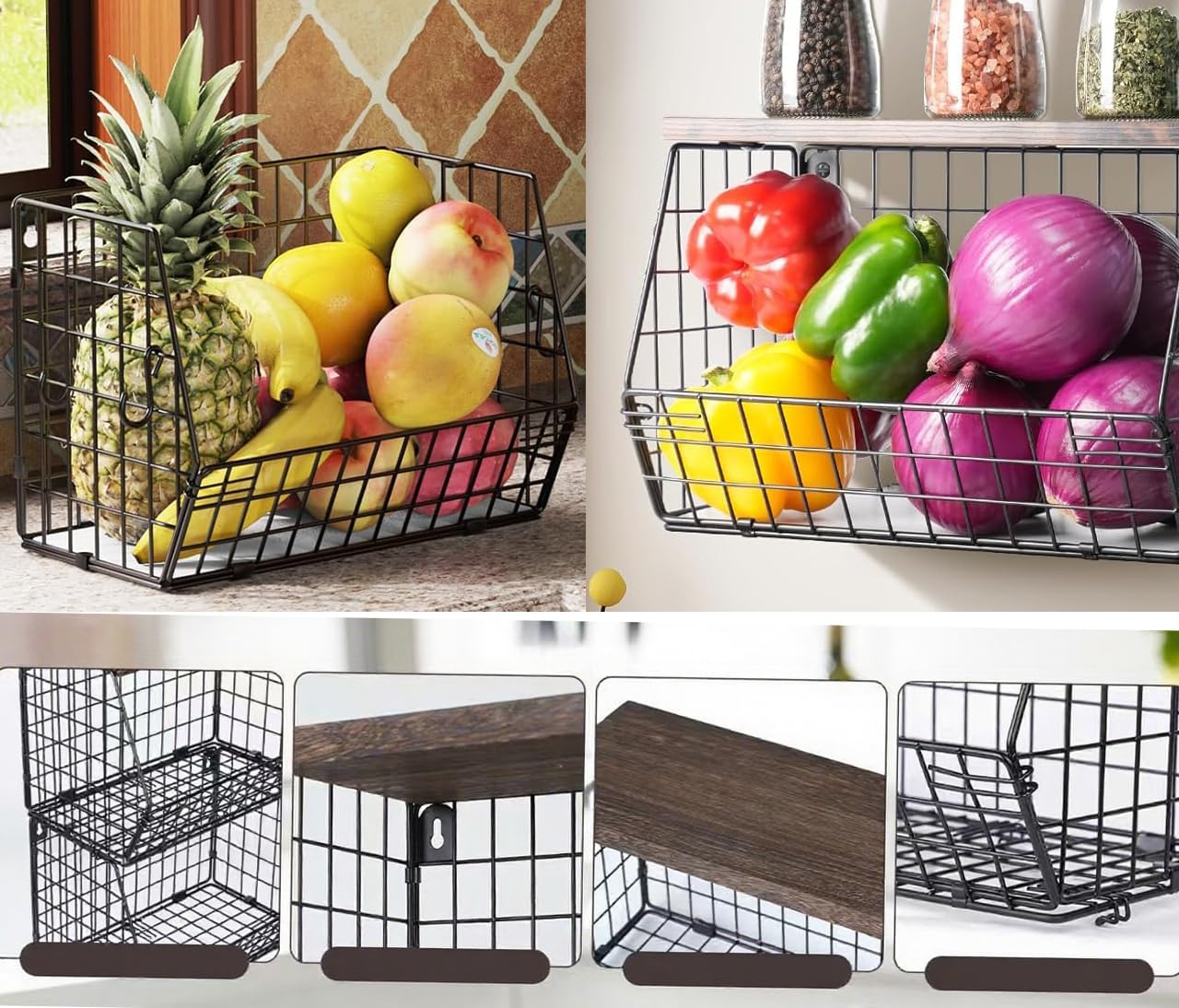 Cesto per la frutta, fruttiera sospesa, cestini da cucina sospesi, cestini da cucina, contenitori da parete, impilabili, con coperchio in legno e viti, per conservare verdura, frutta e snack, nero